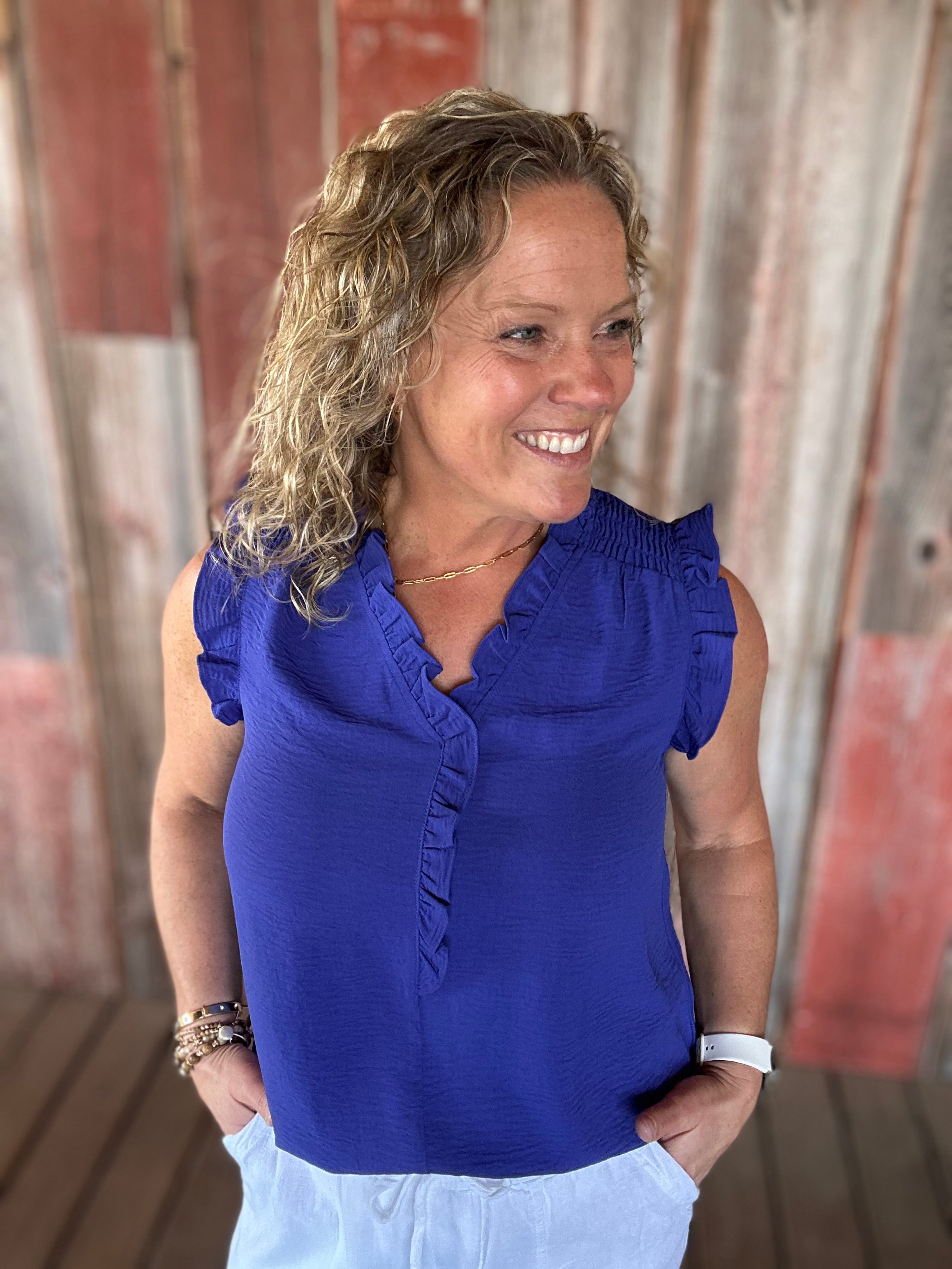 Royal Frill Split Neck Blouse Tops- Blouses STACCATO