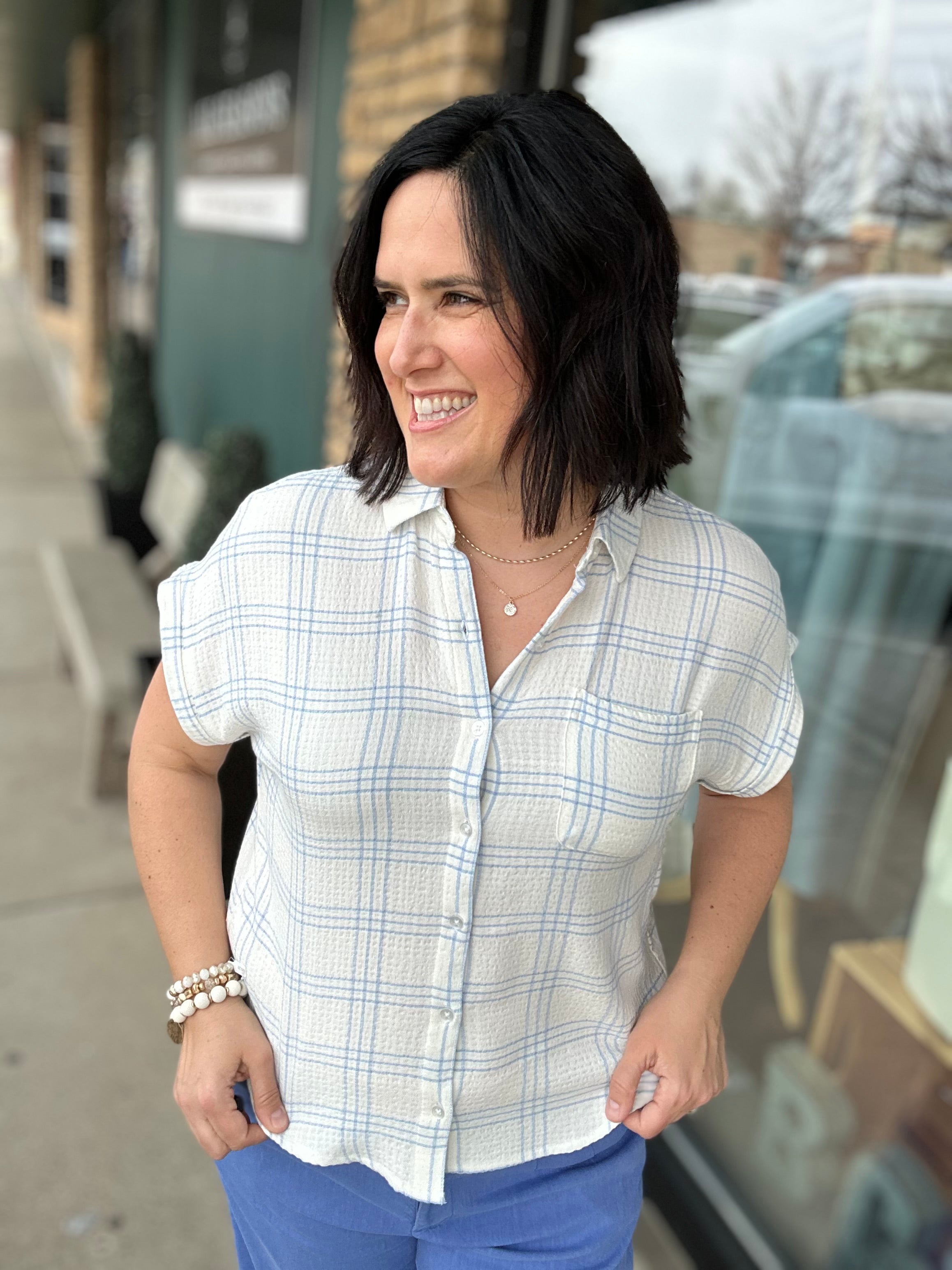Blue & White Leetonia Dolman Short Sleeve Top Tops - Button Ups FLAG AND ANTHEM