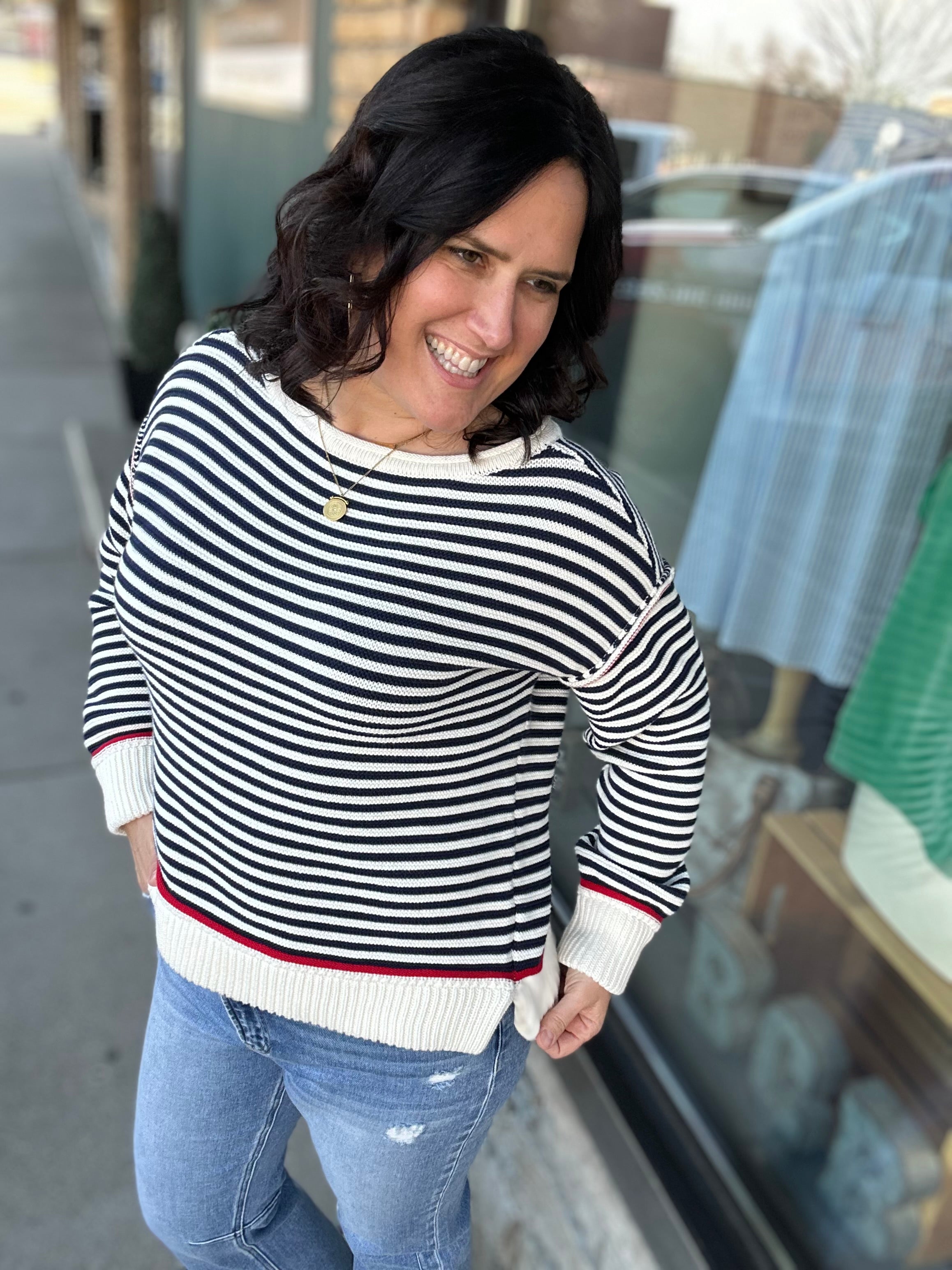 Navy/White Boat Neck Sweater Top - Sweater HEM & THREAD