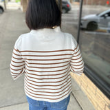 Cream Brown Stripe Mock Neck Sweater