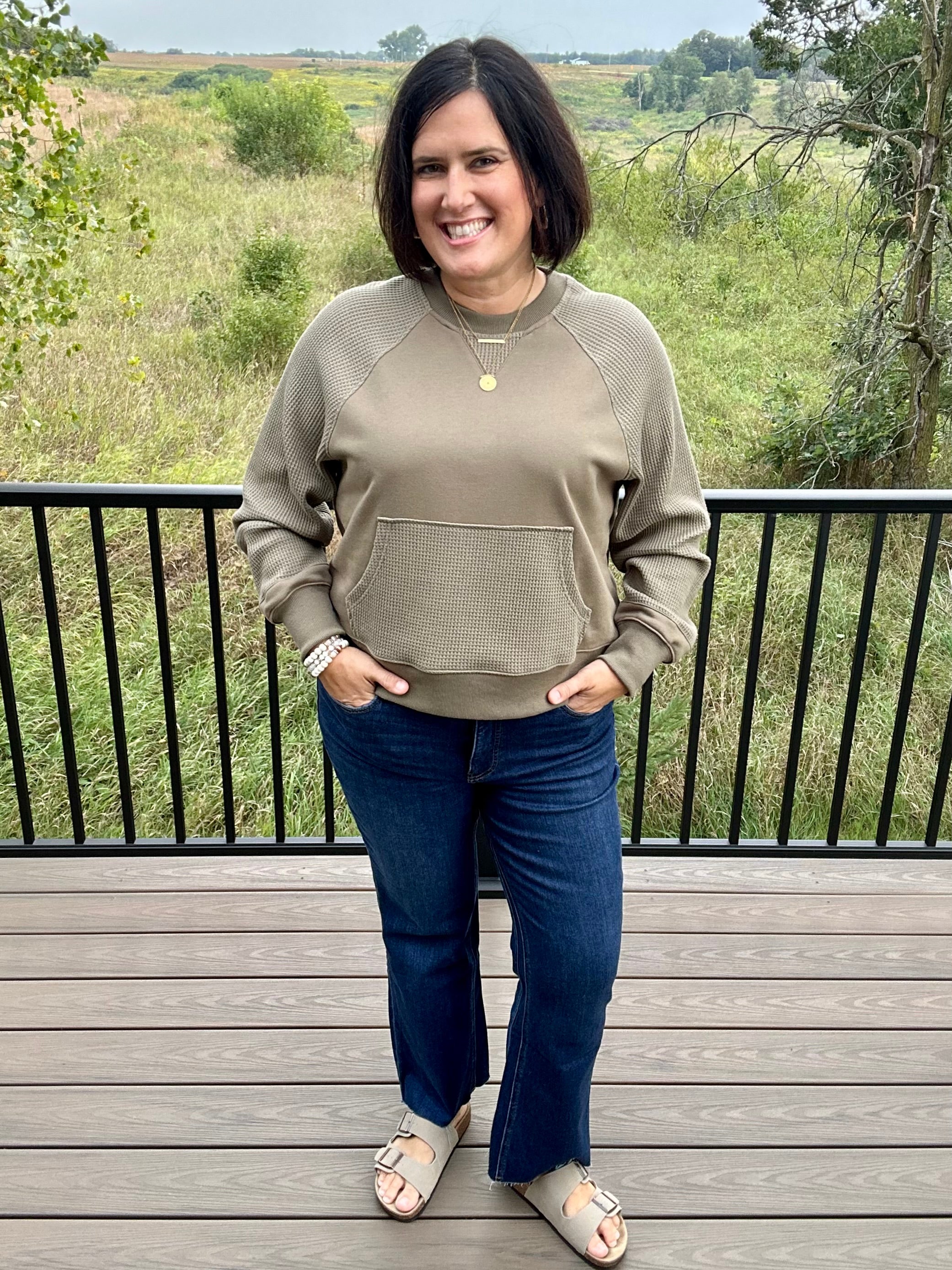 Army Green Mixed Waffle Knit Top Top - Sweatshirt TRES BIEN