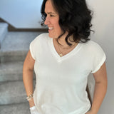 Ivory Waffle Knit V Neck Top - Tee ANDREE