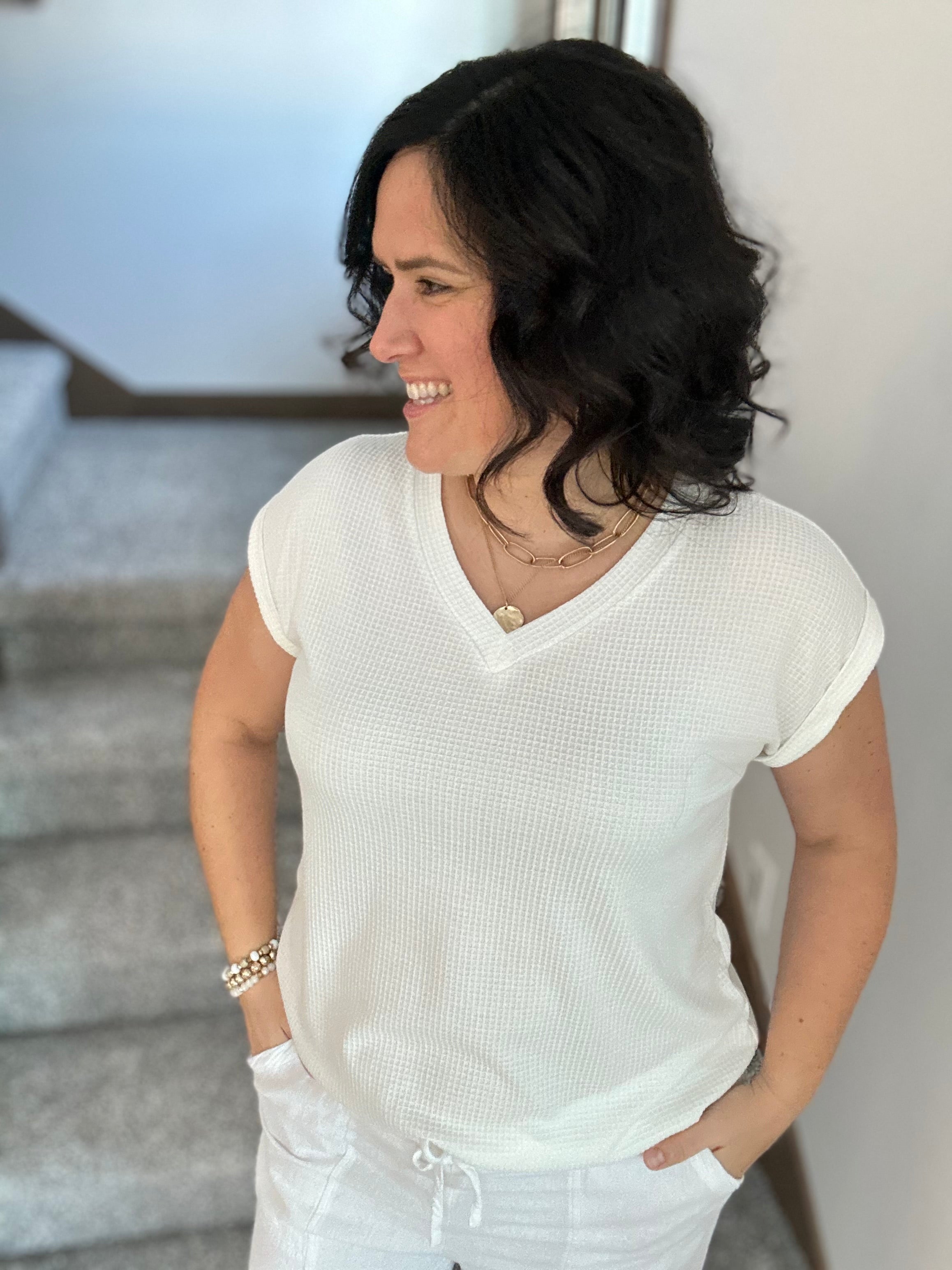 Ivory Waffle Knit V Neck Top - Tee ANDREE
