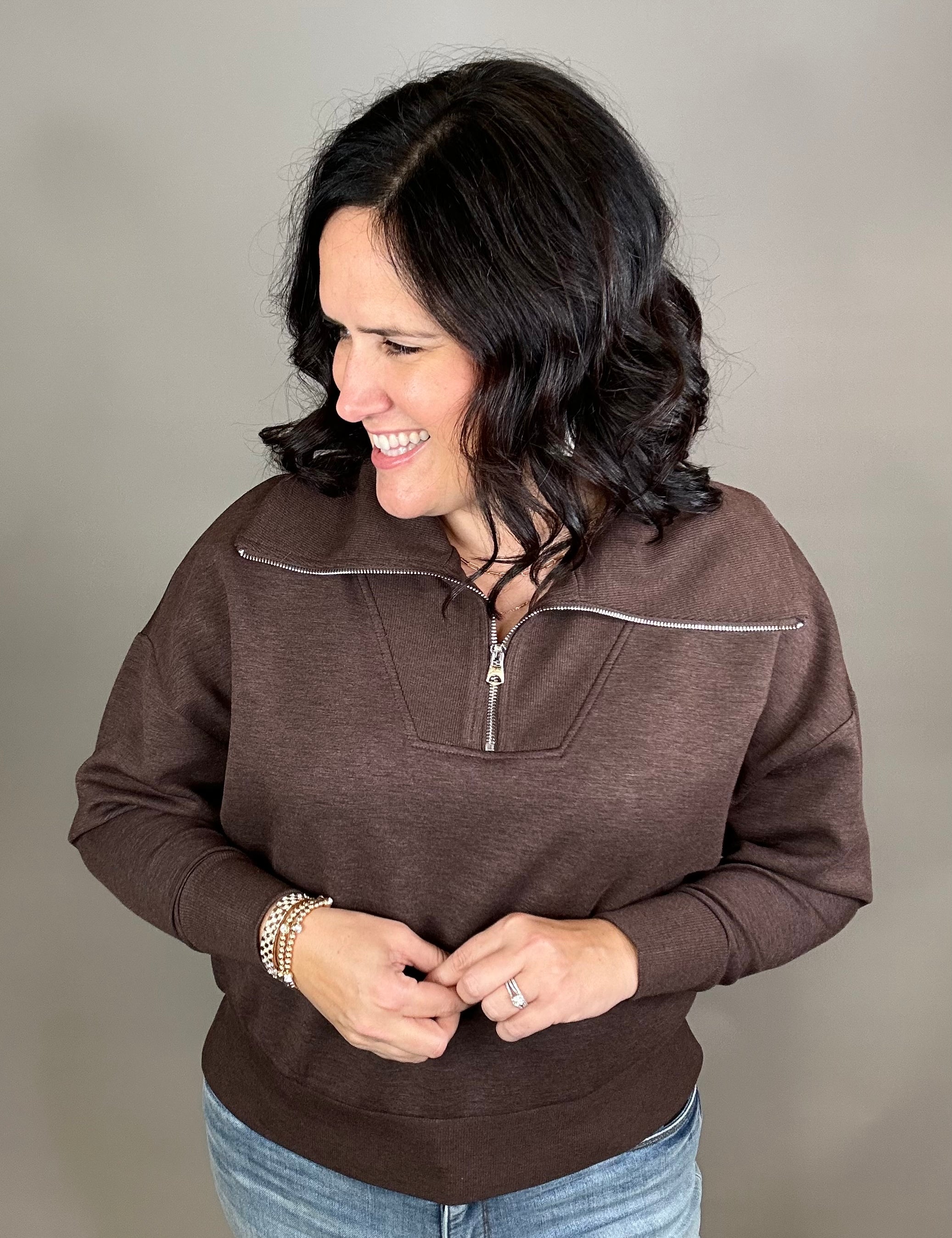 Umber Mel Luxe Half Zip Pullover Top - Sweatshirt RD International