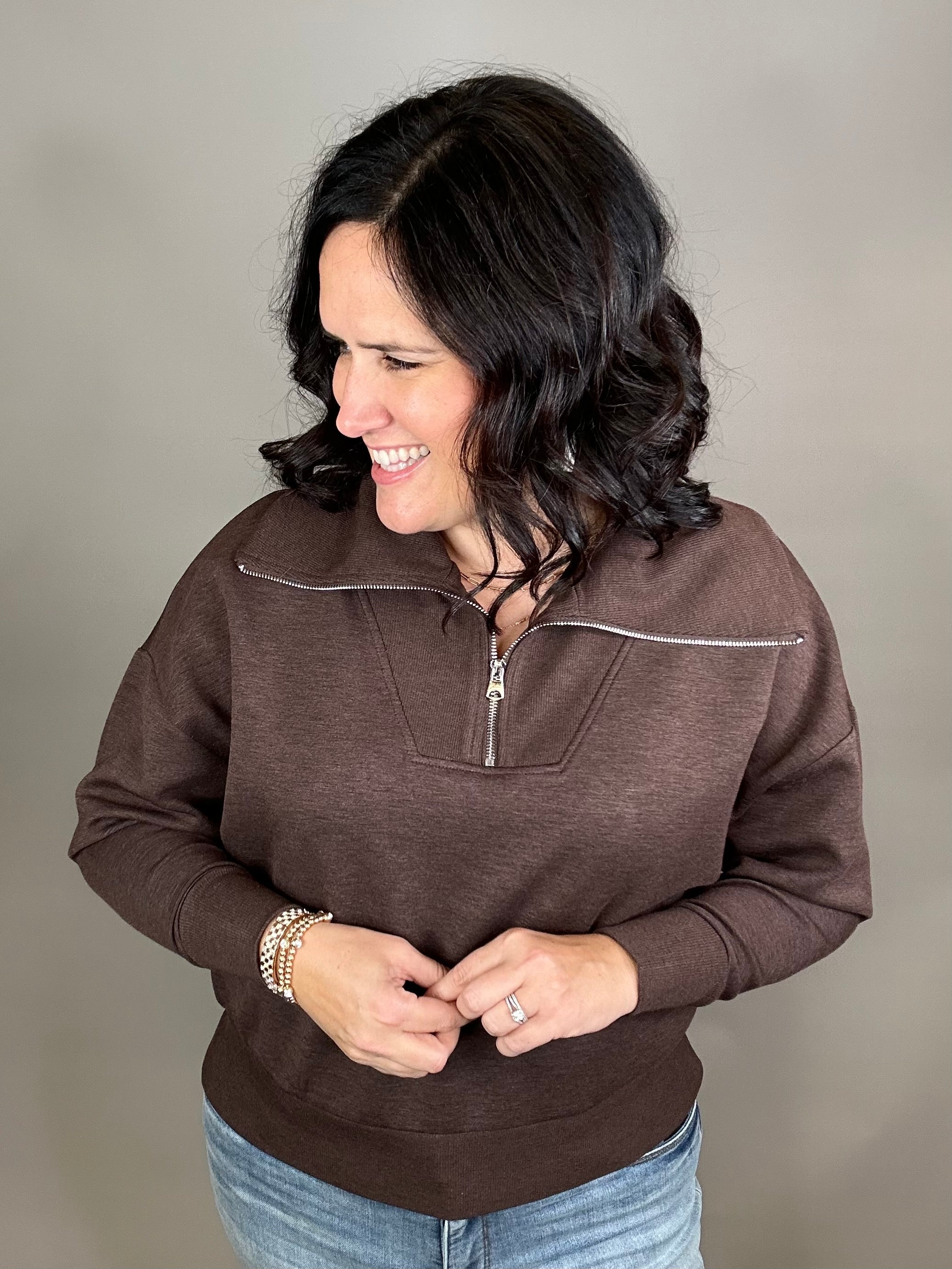 Umber Mel Luxe Half Zip Pullover Top - Sweatshirt RD International