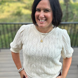 Cream Ruffle Puff Sleeve Cable Knit Top