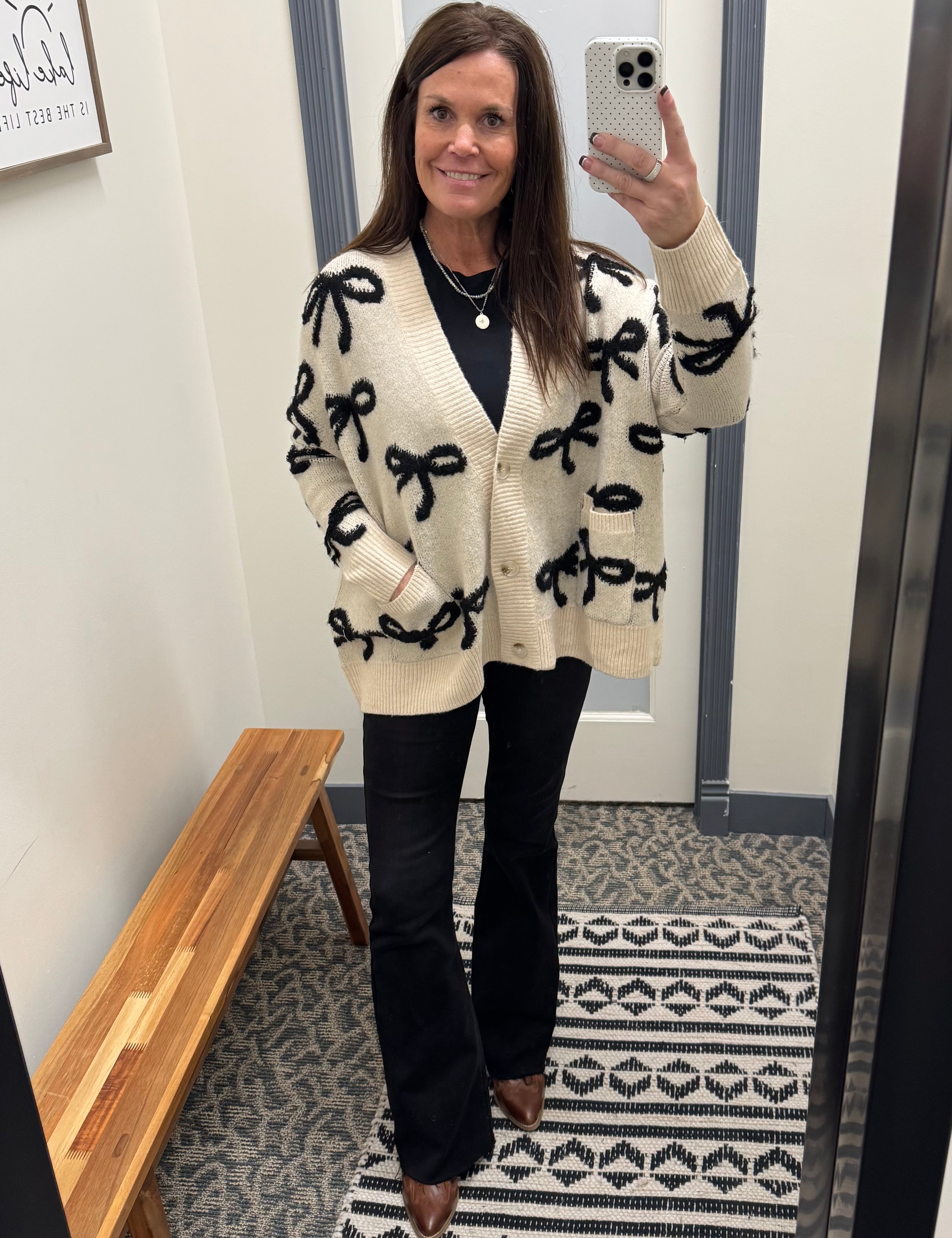 Tan and Black Bow Cardigan Tops- Cardigans PANACHE