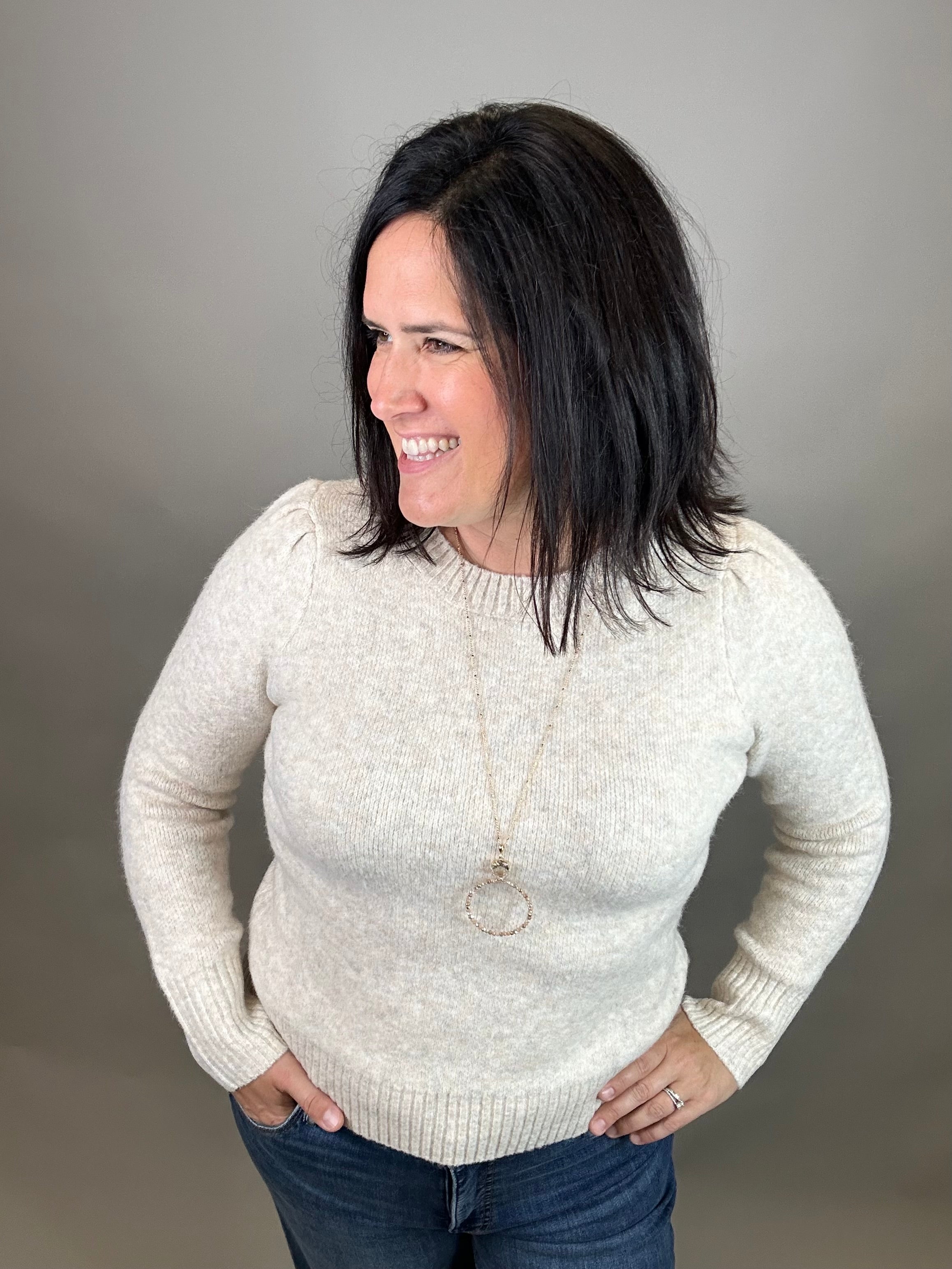 Oatmeal Puff Sleeve Sweater Top - Sweater STACCATO