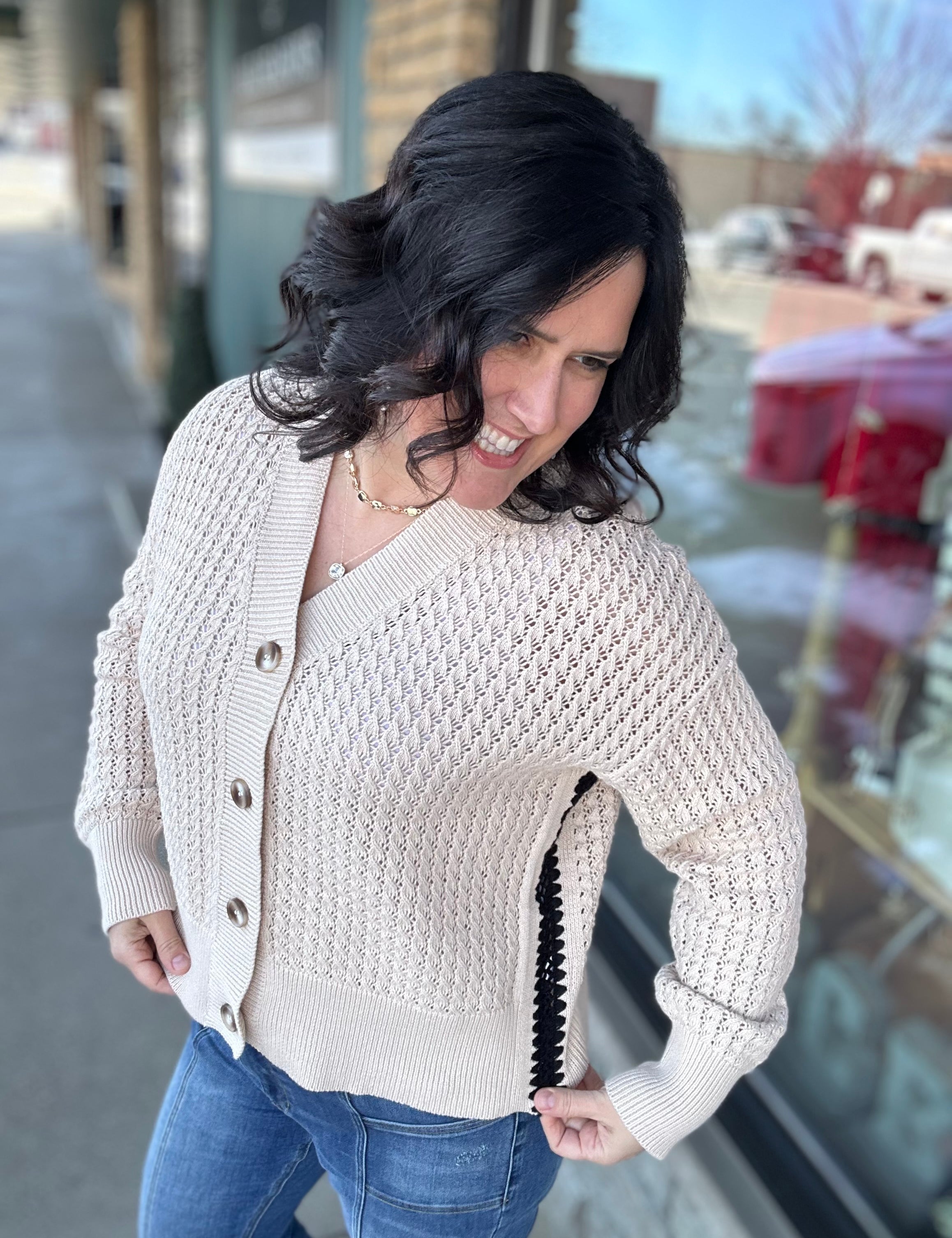 Sand ZigZag Crochet Knit Cardigan Tops- Cardigans EE:SOME