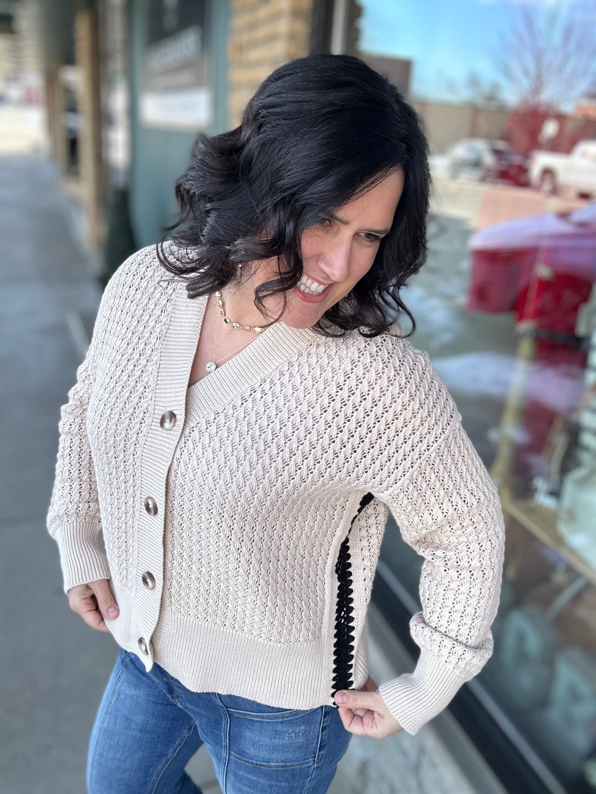 Sand ZigZag Crochet Knit Cardigan Tops- Cardigans EE:SOME