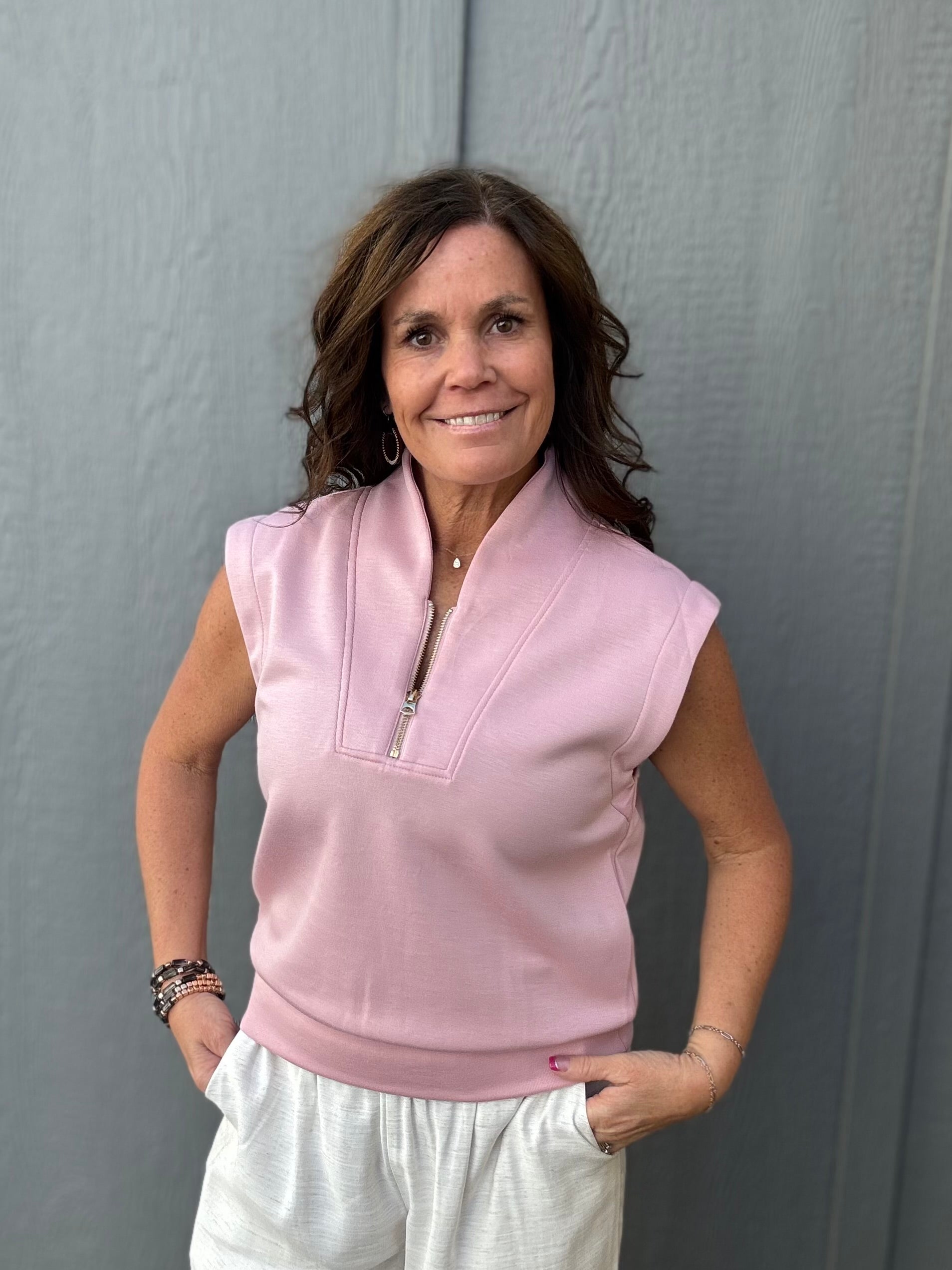 Pink Collared Half Zip Sleeveless Top Tops- Blouses STAR DROP