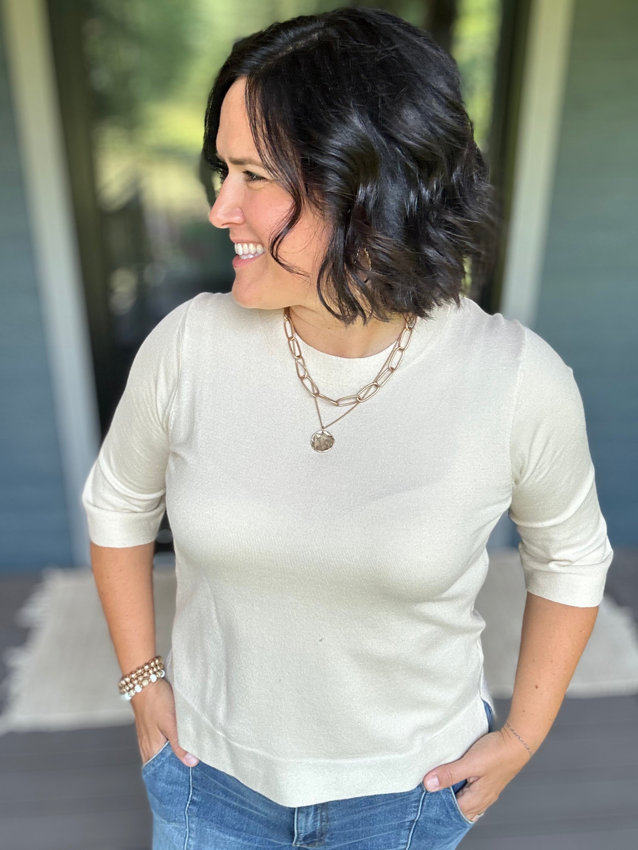 Cream Crew Neck Knit Top Top - Sweater DOE & RAE