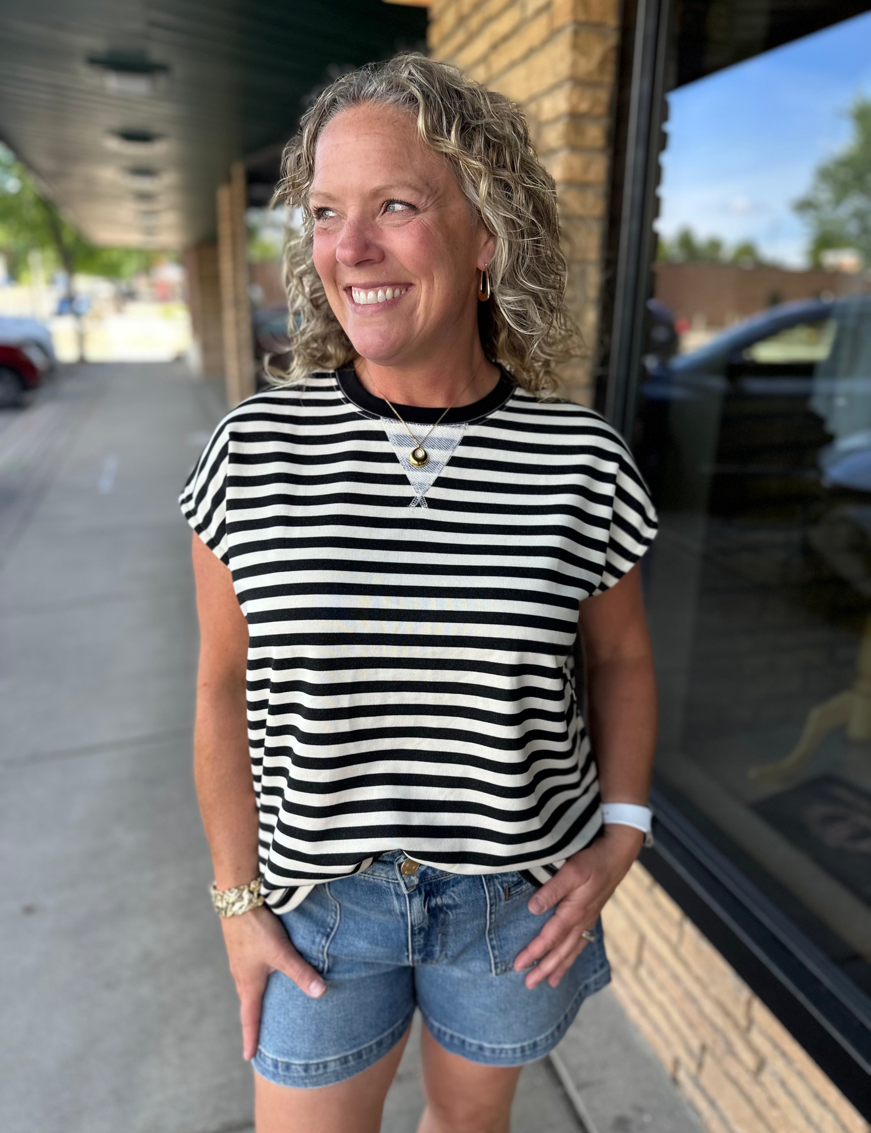 Black & Cream Stripe Crew Neck Top Top - Tee WISHLIST