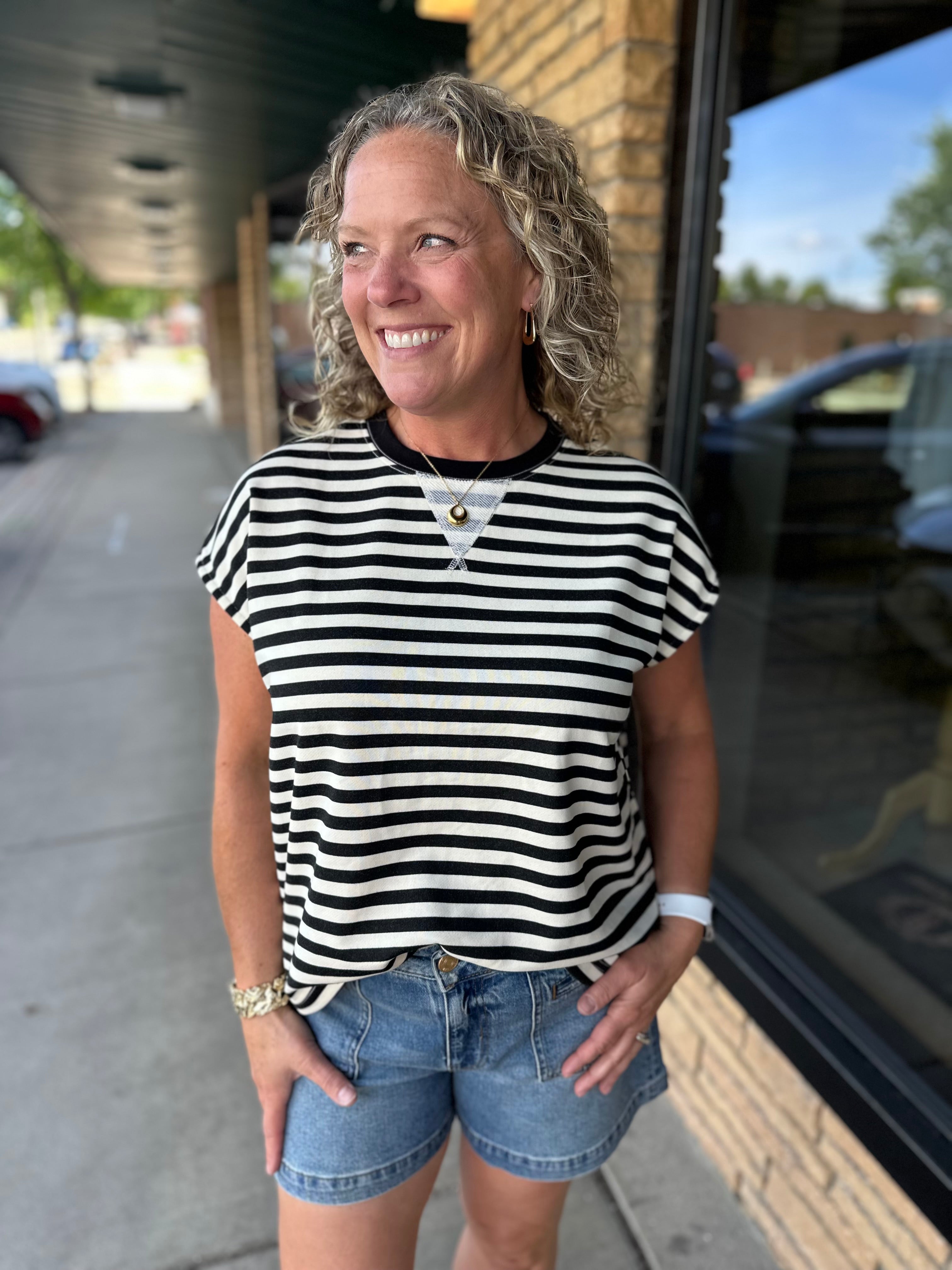 Black & Cream Stripe Crew Neck Top Top - Tee WISHLIST