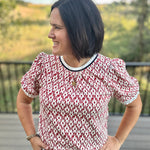 Rust Ivory Jacquard Fringe Trim Puff Sleeve Top Top - Sweater VOY