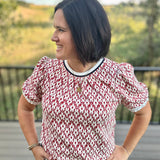 Rust Ivory Jacquard Fringe Trim Puff Sleeve Top Top - Sweater VOY