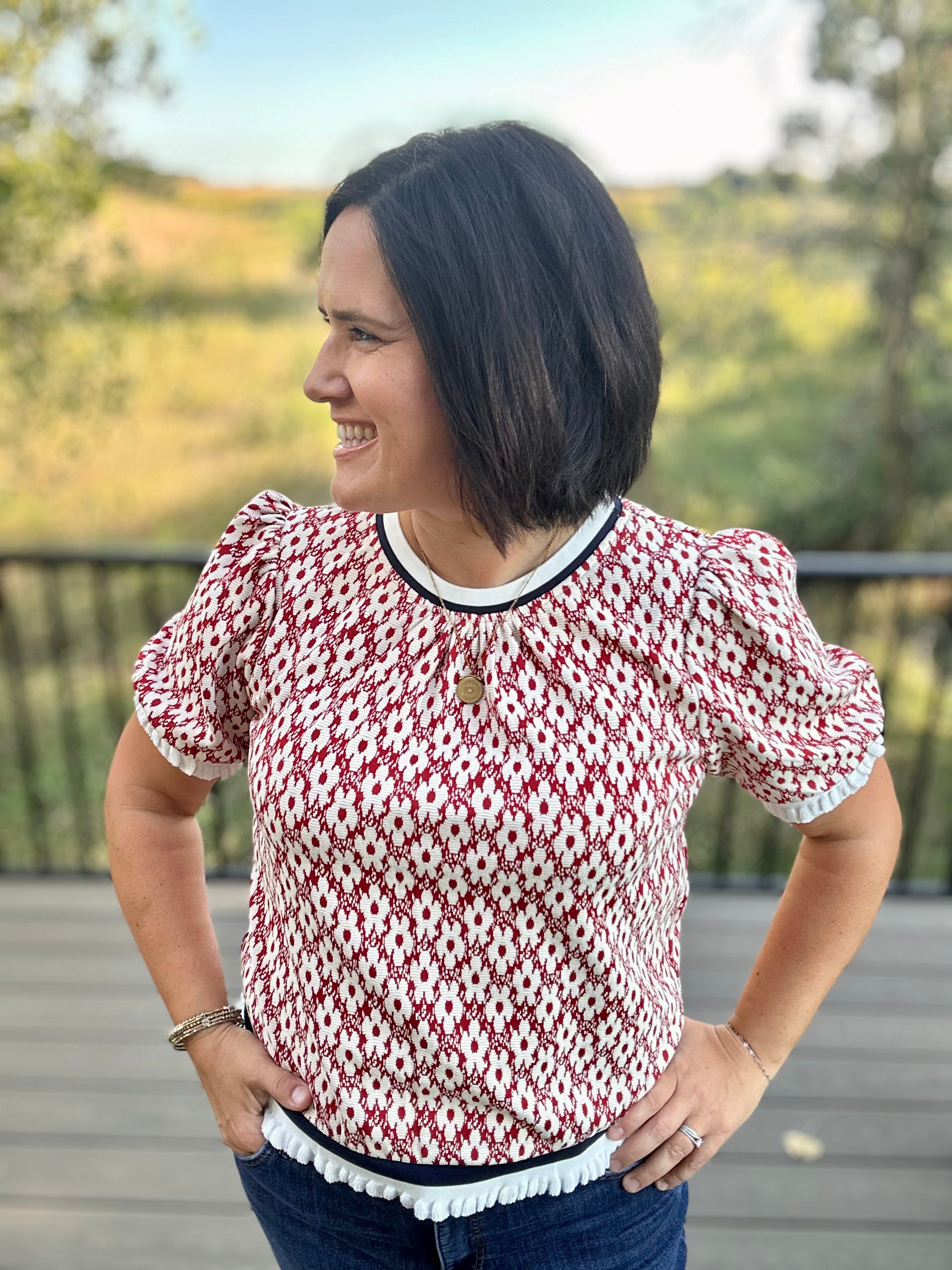 Rust Ivory Jacquard Fringe Trim Puff Sleeve Top Top - Sweater VOY