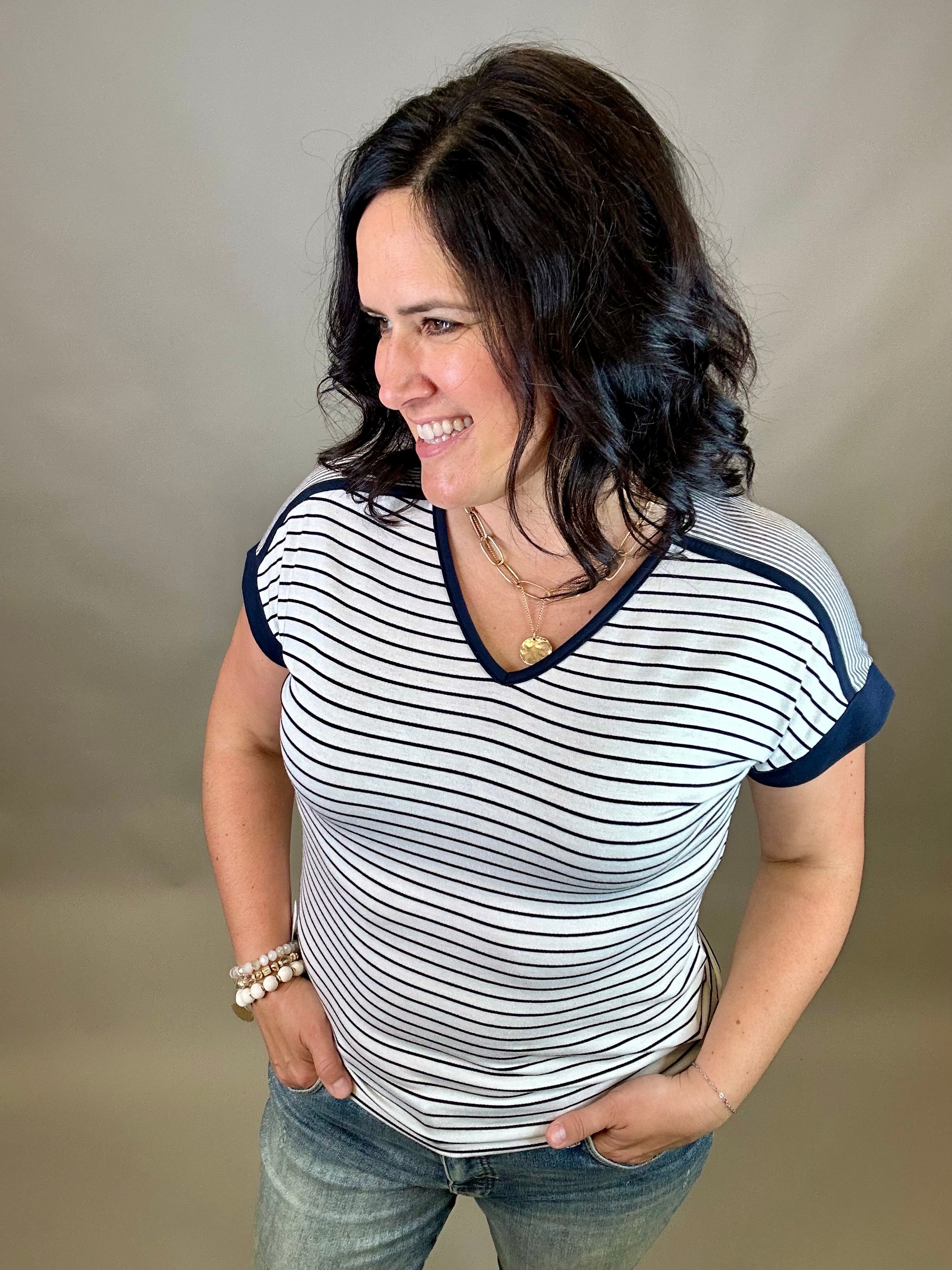 Ivory/Black Navy Terry Striped Top Top - Tee STACCATO