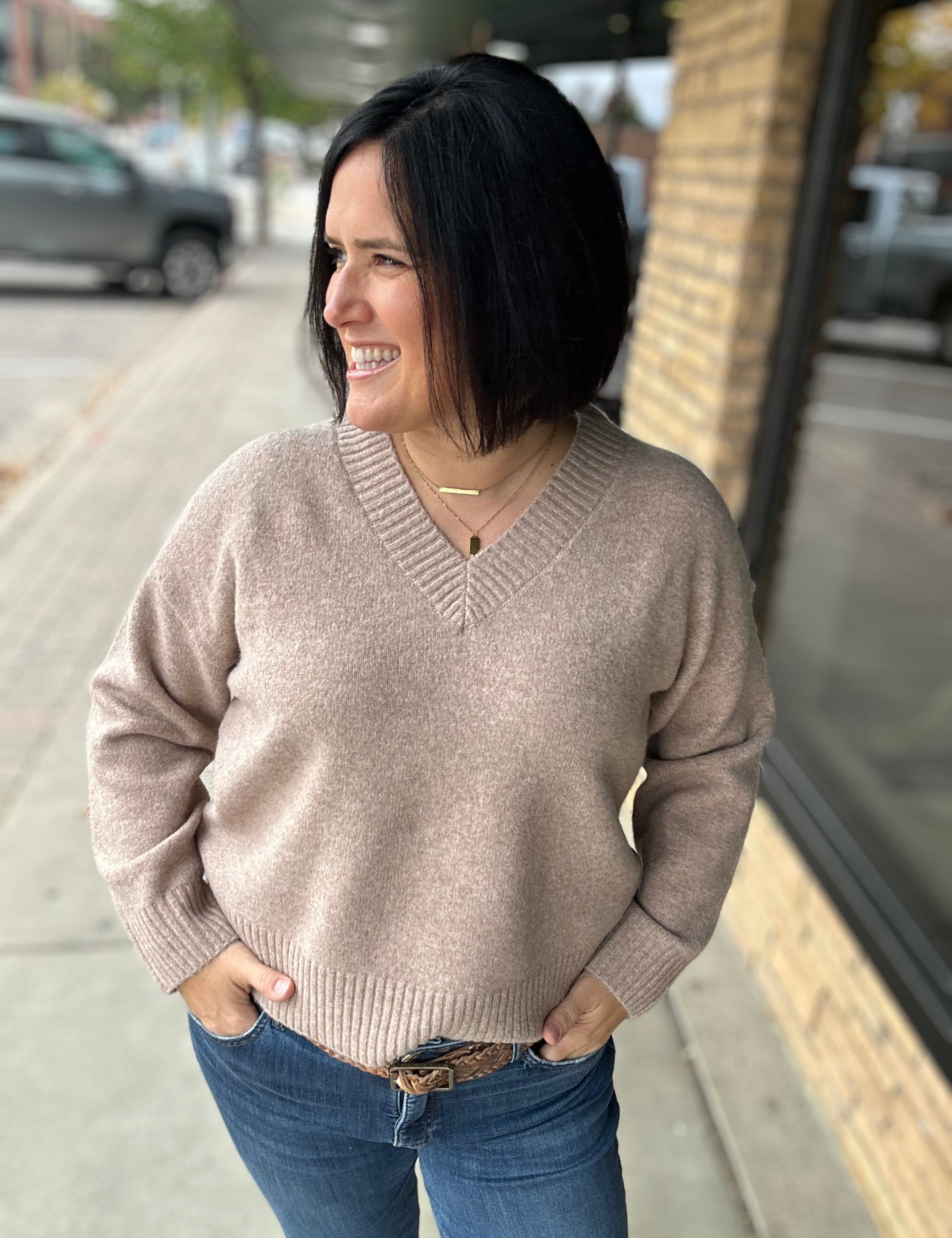 Mocha V-Neck Basic Sweater Top - Sweater HEM & THREAD