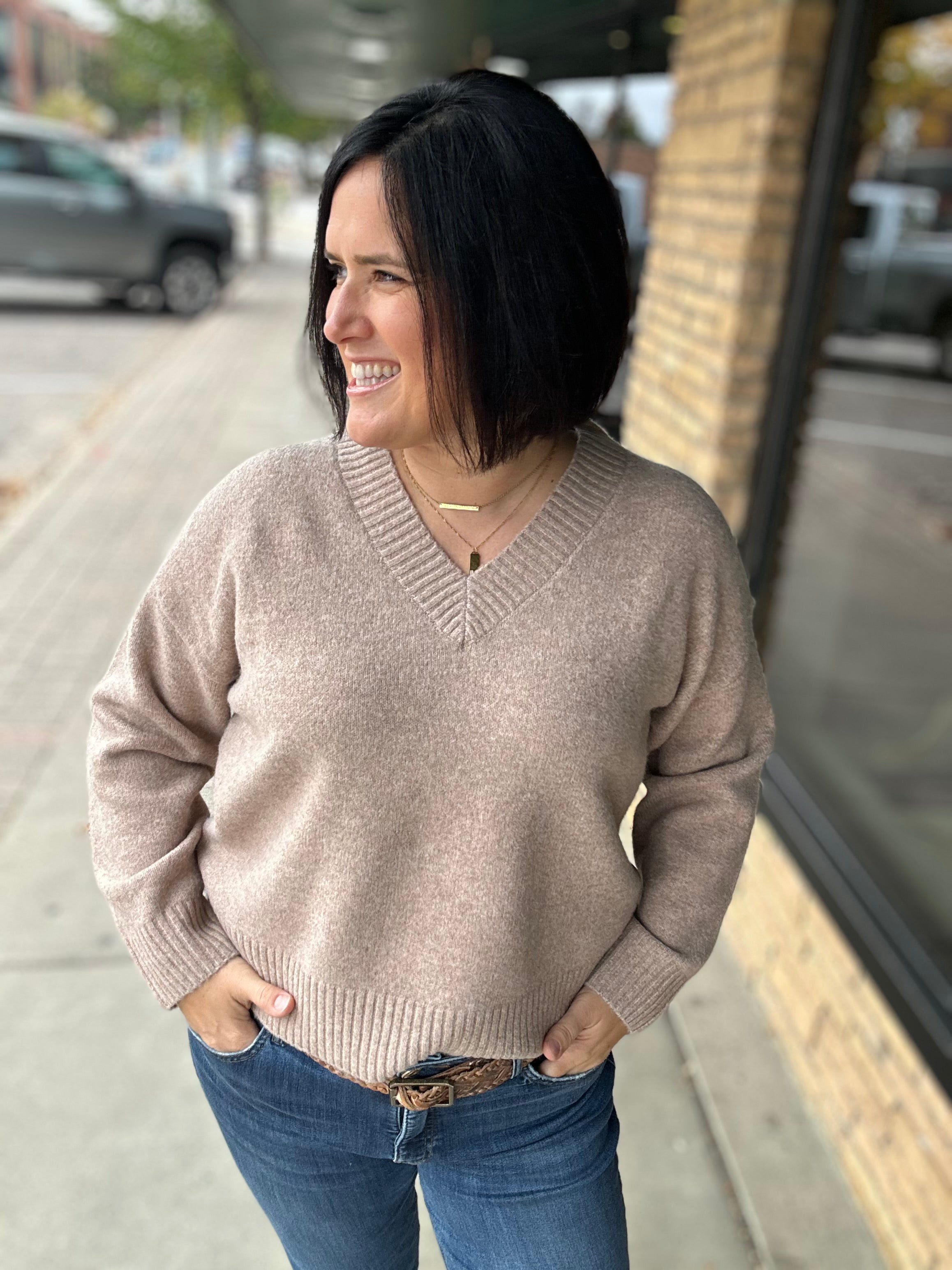 Mocha V-Neck Basic Sweater Top - Sweater HEM & THREAD