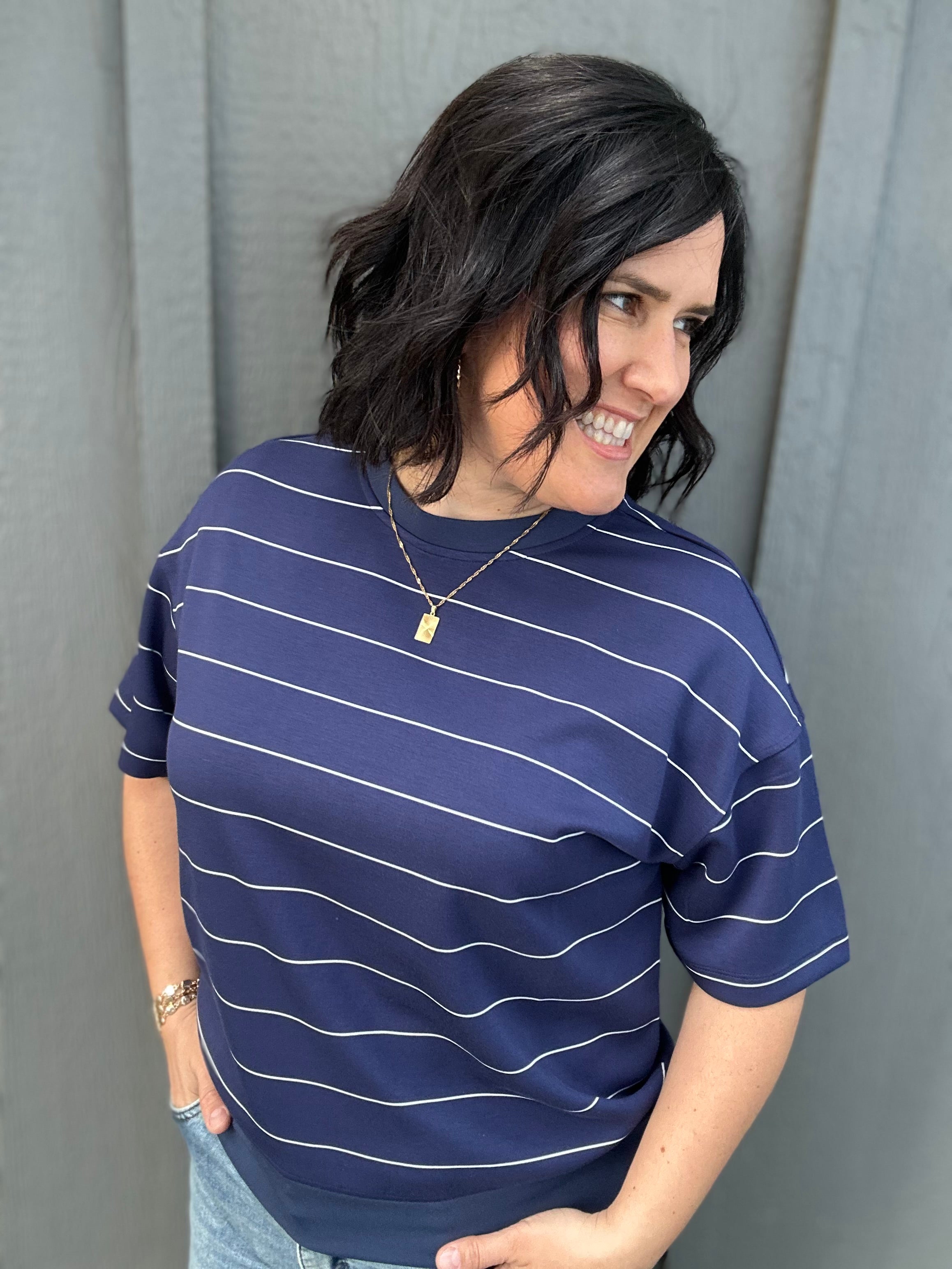 Navy Striped Crew Neck Top Top - Tee RAE MODE