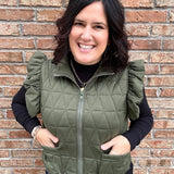 Olive Ruffle Sleeve Quilted Vest