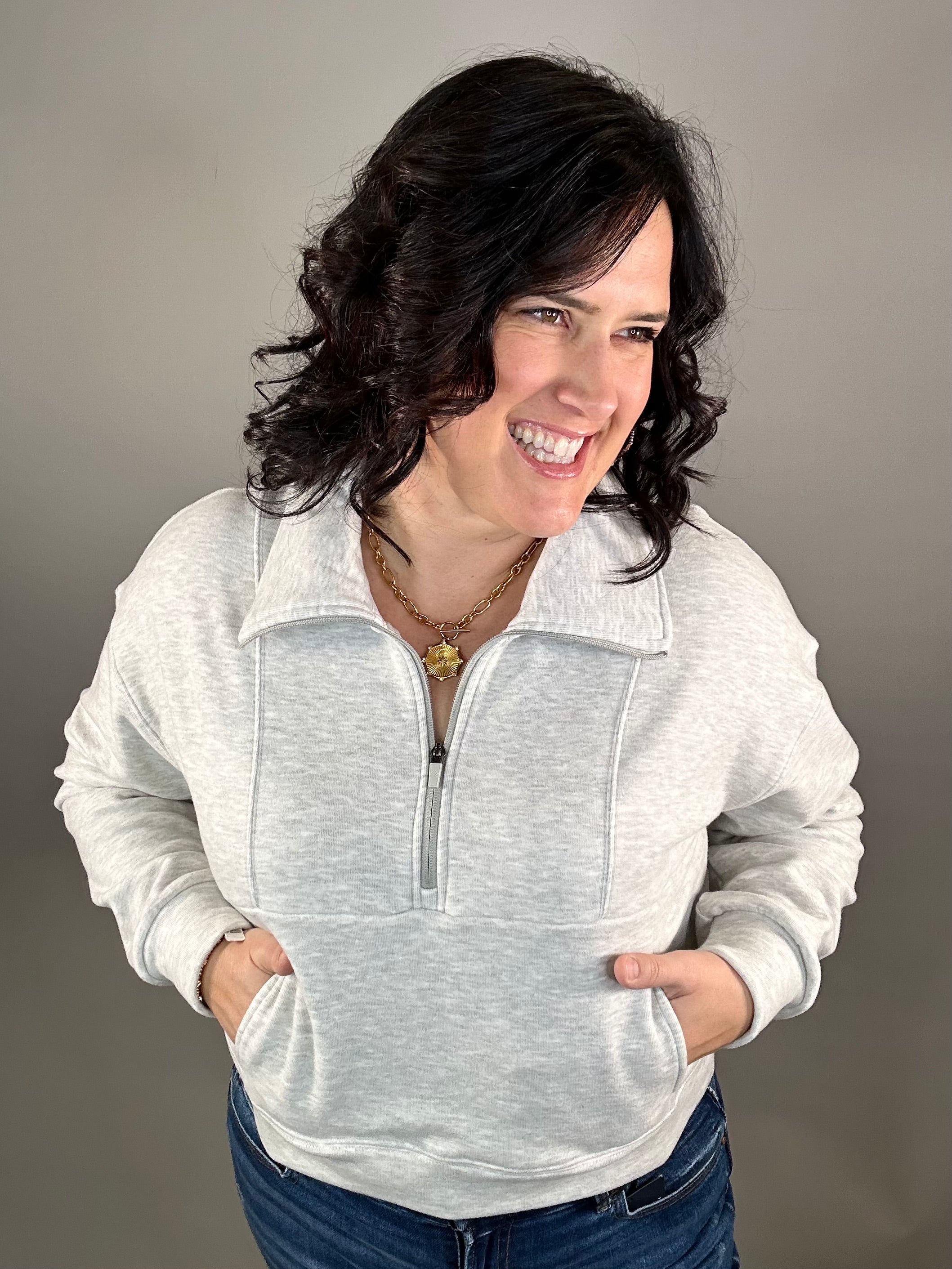 Heather Grey Plush 1/2 Zip Sweatshirt Top- Sweatshirts FLAG AND ANTHEM