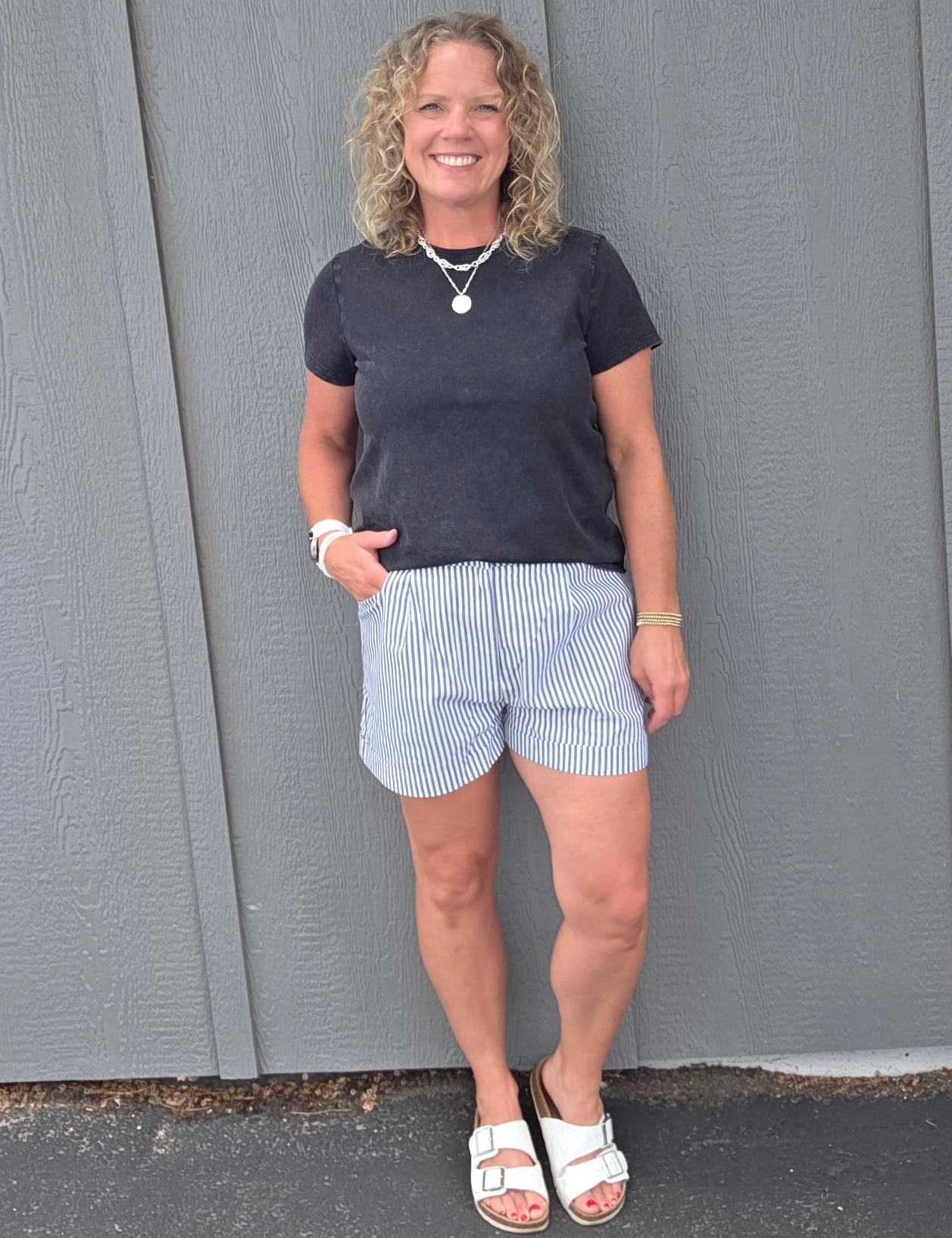 Striped Charcoal Cuffed Shorts Bottoms - Shorts DOE & RAE
