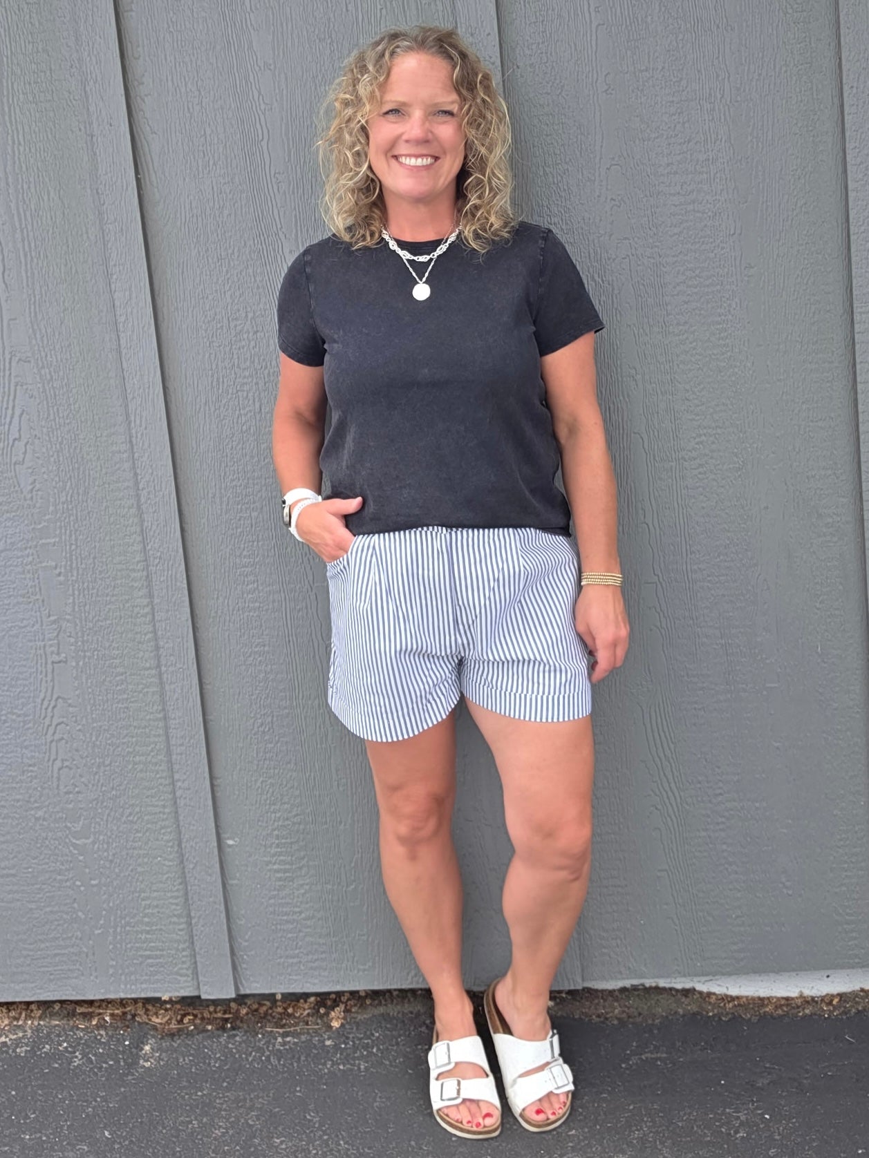 Striped Charcoal Cuffed Shorts Bottoms - Shorts DOE & RAE