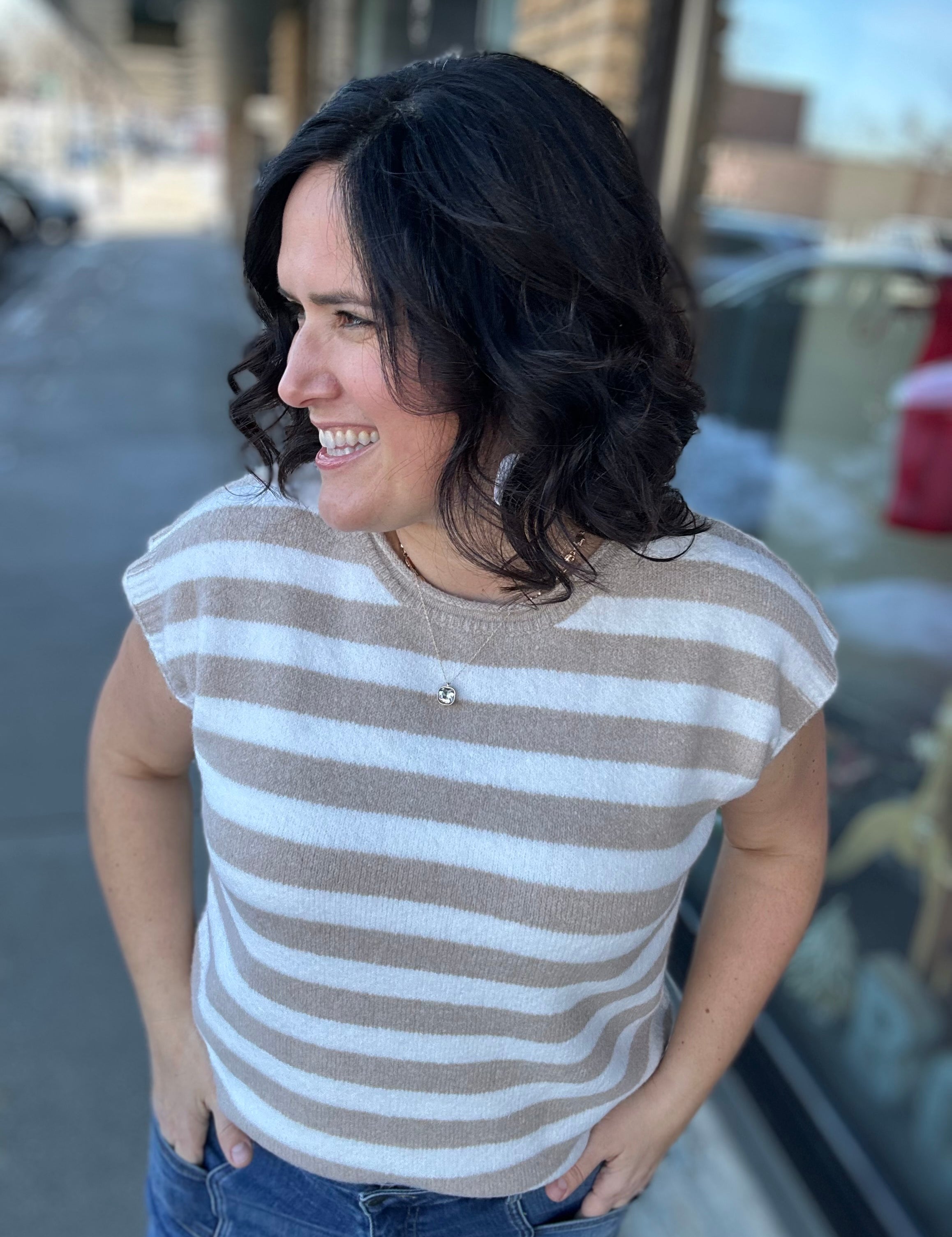 Taupe/White Striped Sweater Vest Top - Sweater WISHLIST