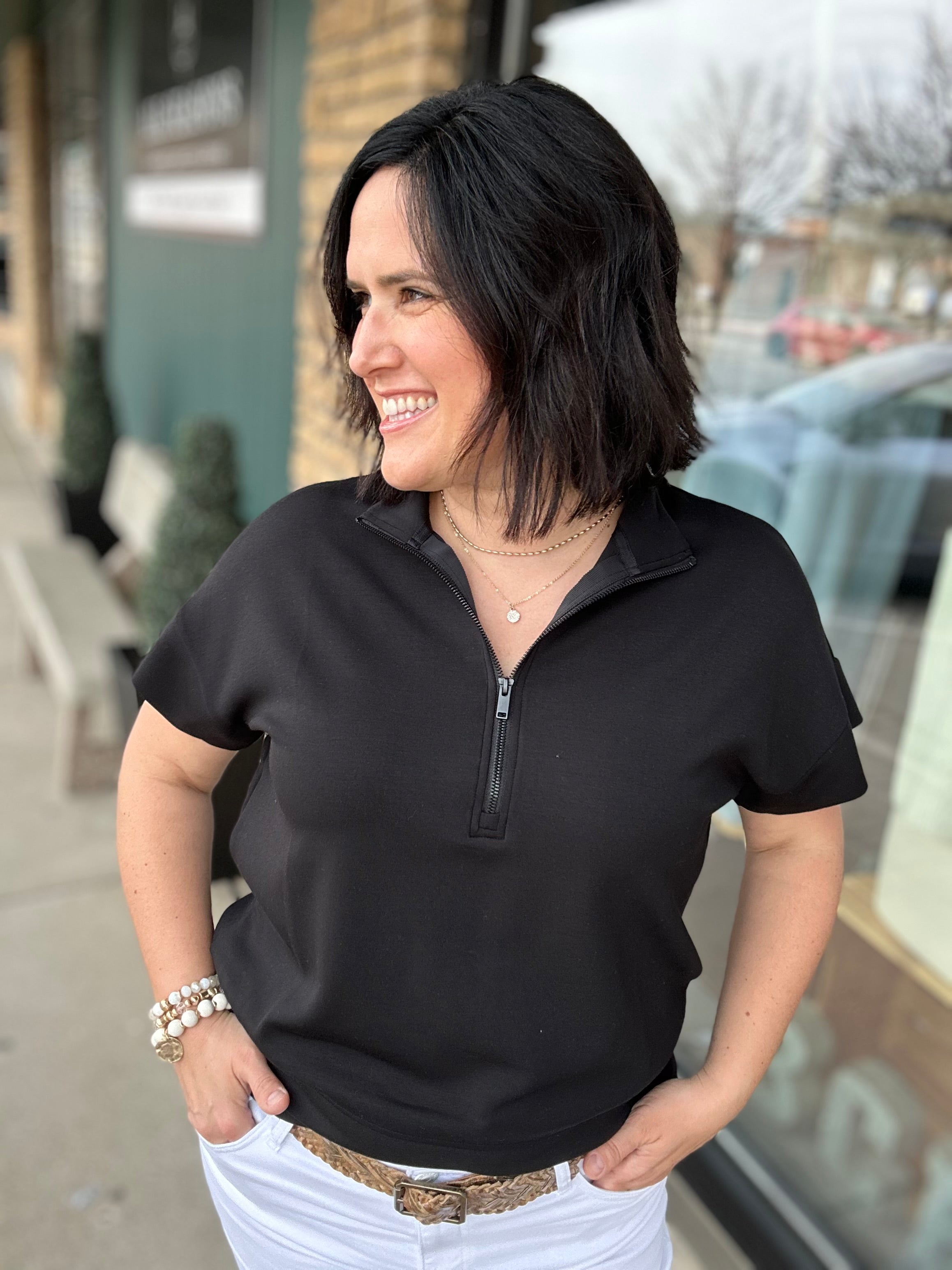 Black Quarter Zip Short Sleeve Top Top - Tee RAE MODE