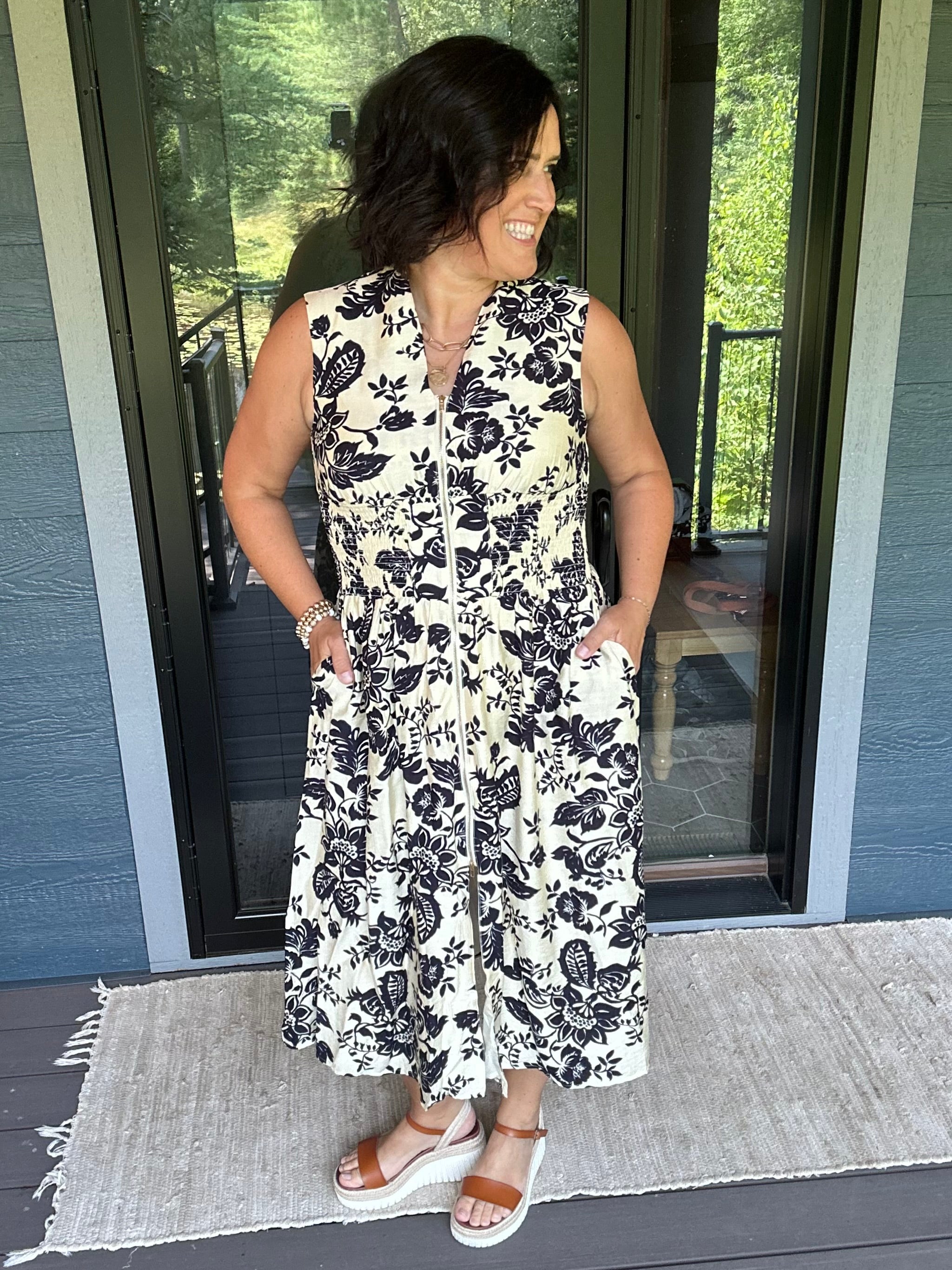 Paisley Print V-Neck Smocked Waist Zip Front Dress Dresses DOE & RAE