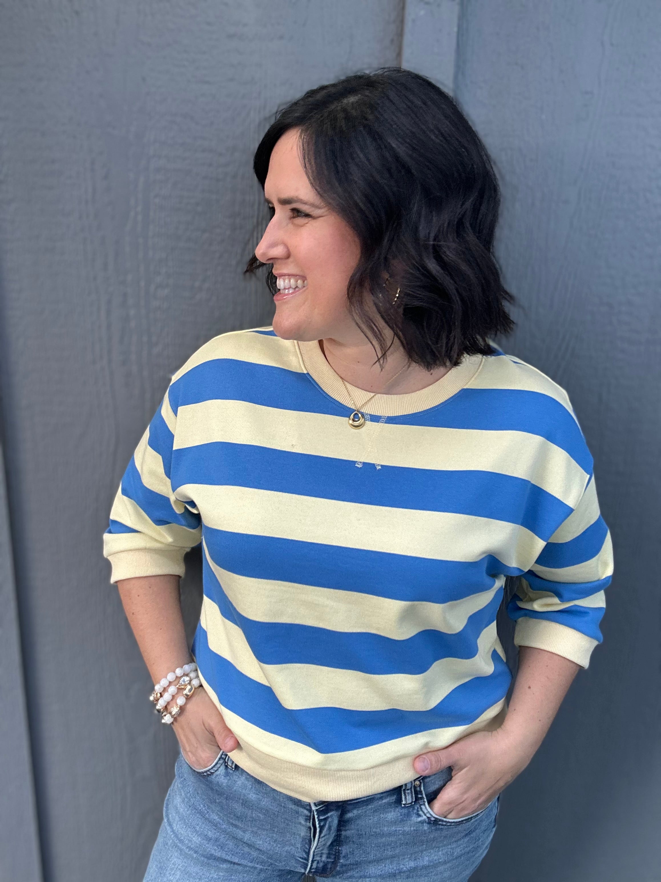 Yellow/Blue Striped Sweatshirt Top - Sweatshirt JODIFL