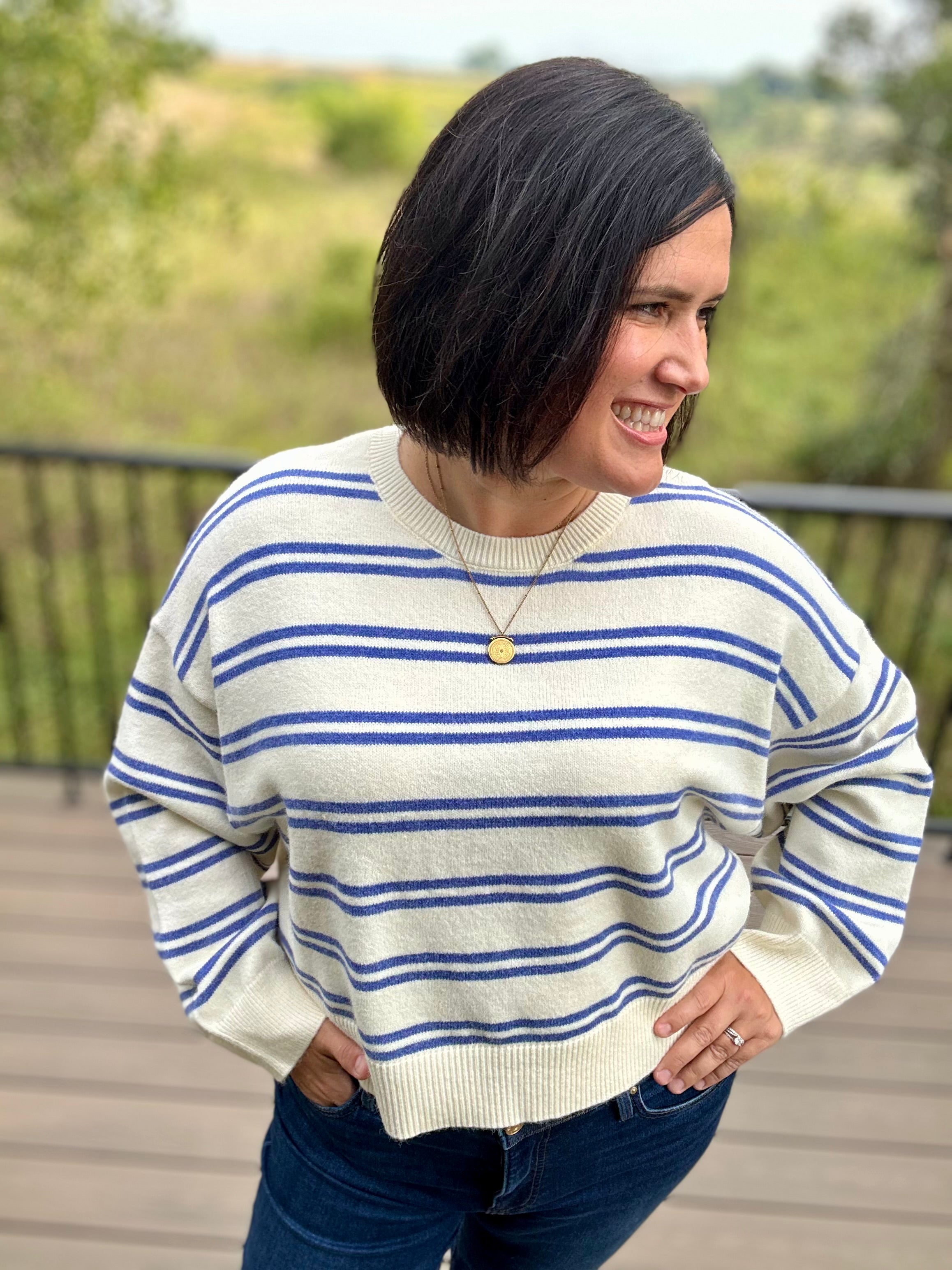 Cream Blue Stripe Oversized Sweater Top - Sweater Le Lis