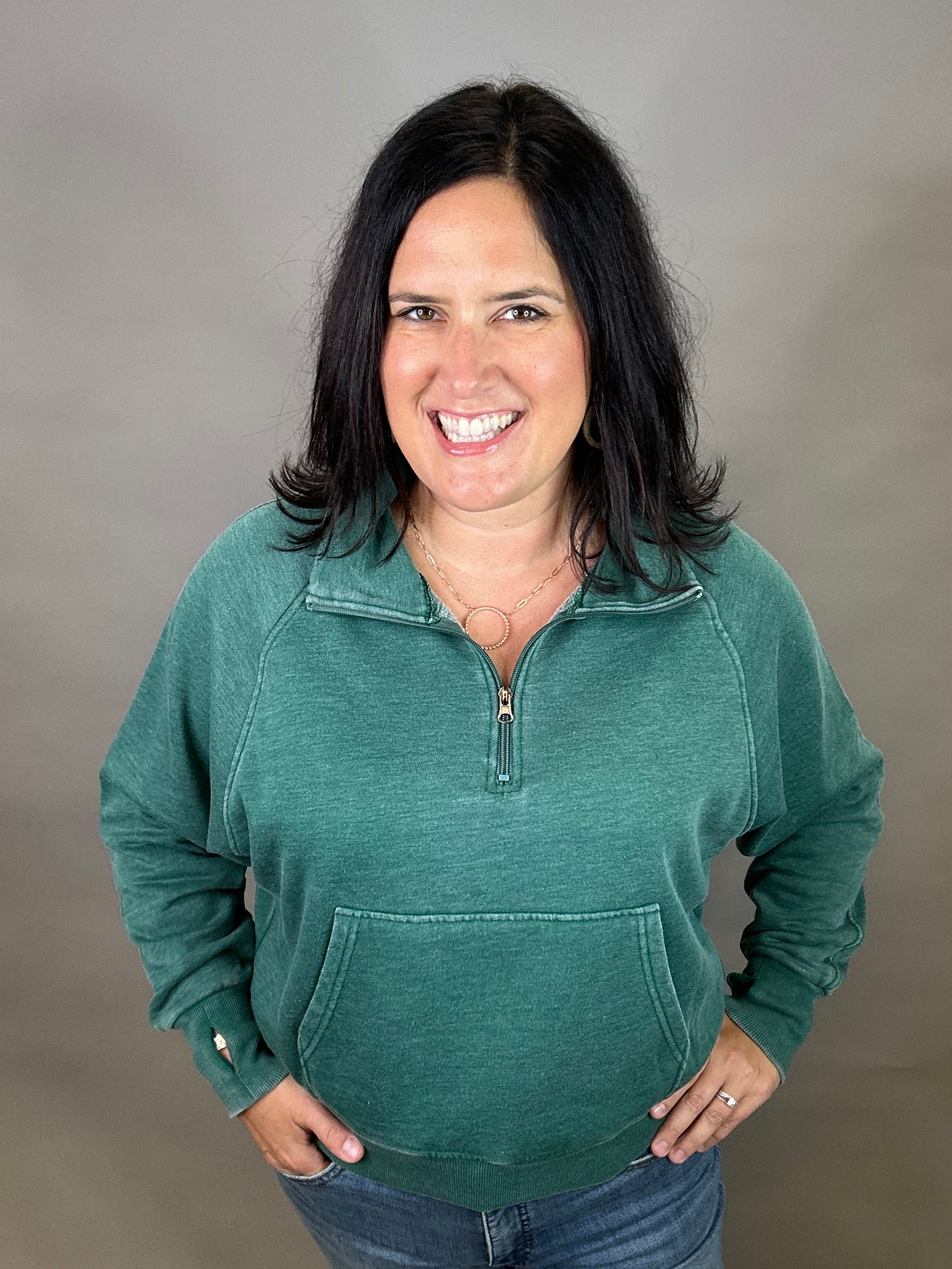 Green Quarter Zip Sweatshirt Top - Sweatshirt PANACHE