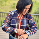 Navy Plaid Button Front Blouse Tops- Blouses THML