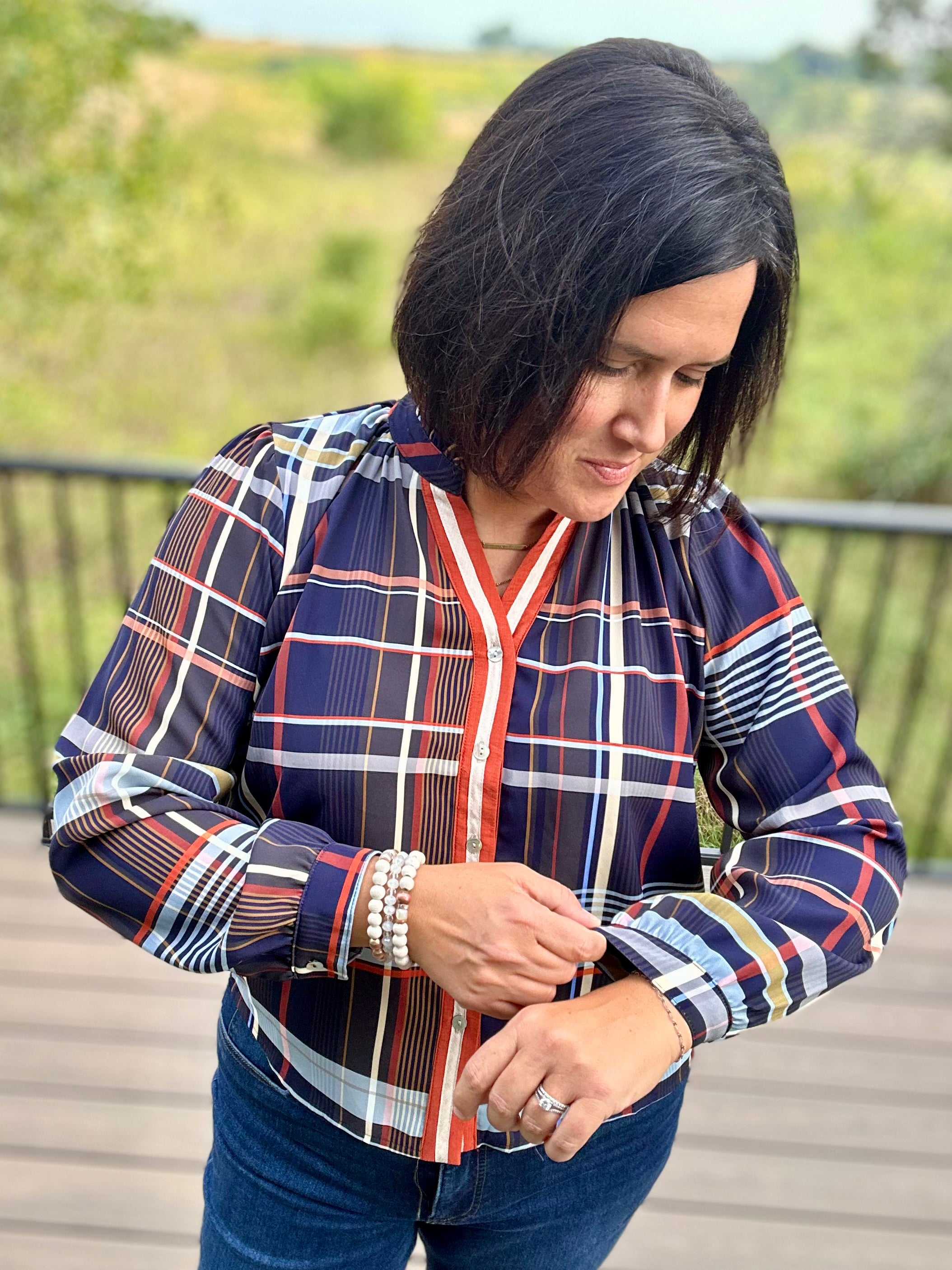 Navy Plaid Button Front Blouse Tops- Blouses THML