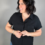 Black Button Front Short Sleeve Tops - Button Ups STACCATO