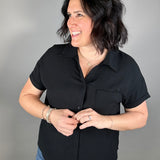 Black Button Front Short Sleeve Tops - Button Ups STACCATO