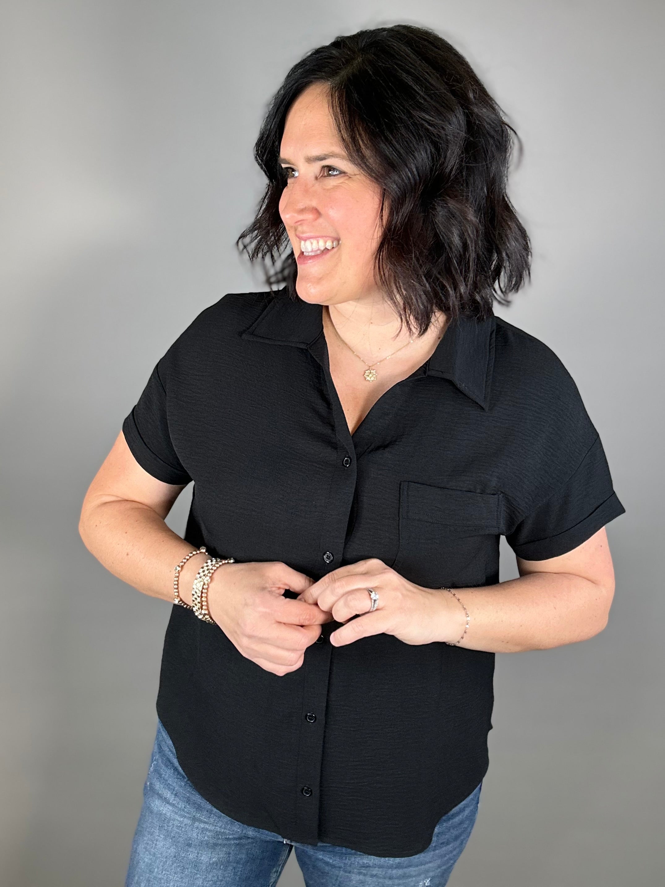Black Button Front Short Sleeve Tops - Button Ups STACCATO