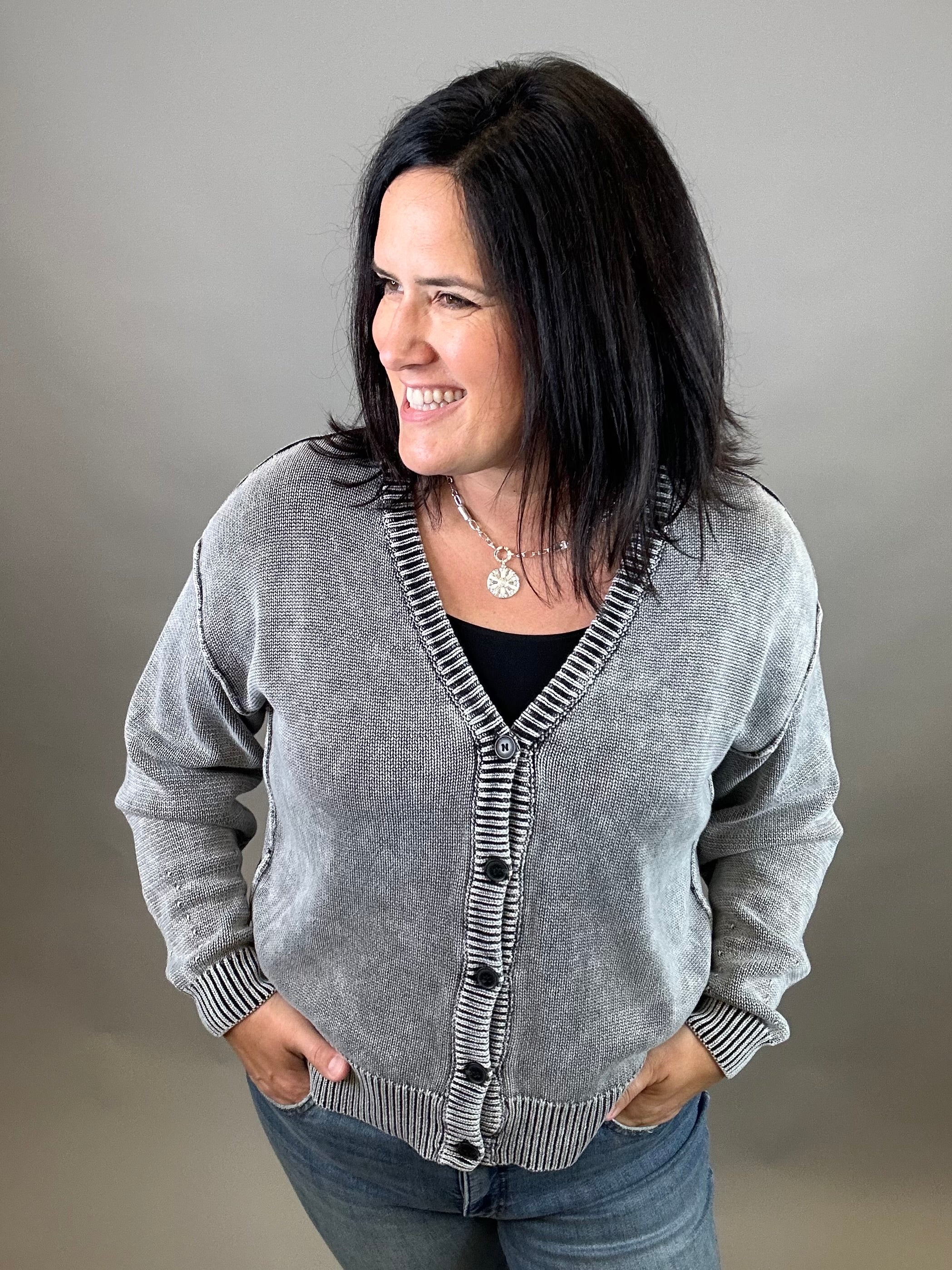 Washed Black Button Front Cardigan Tops- Cardigans EE:SOME
