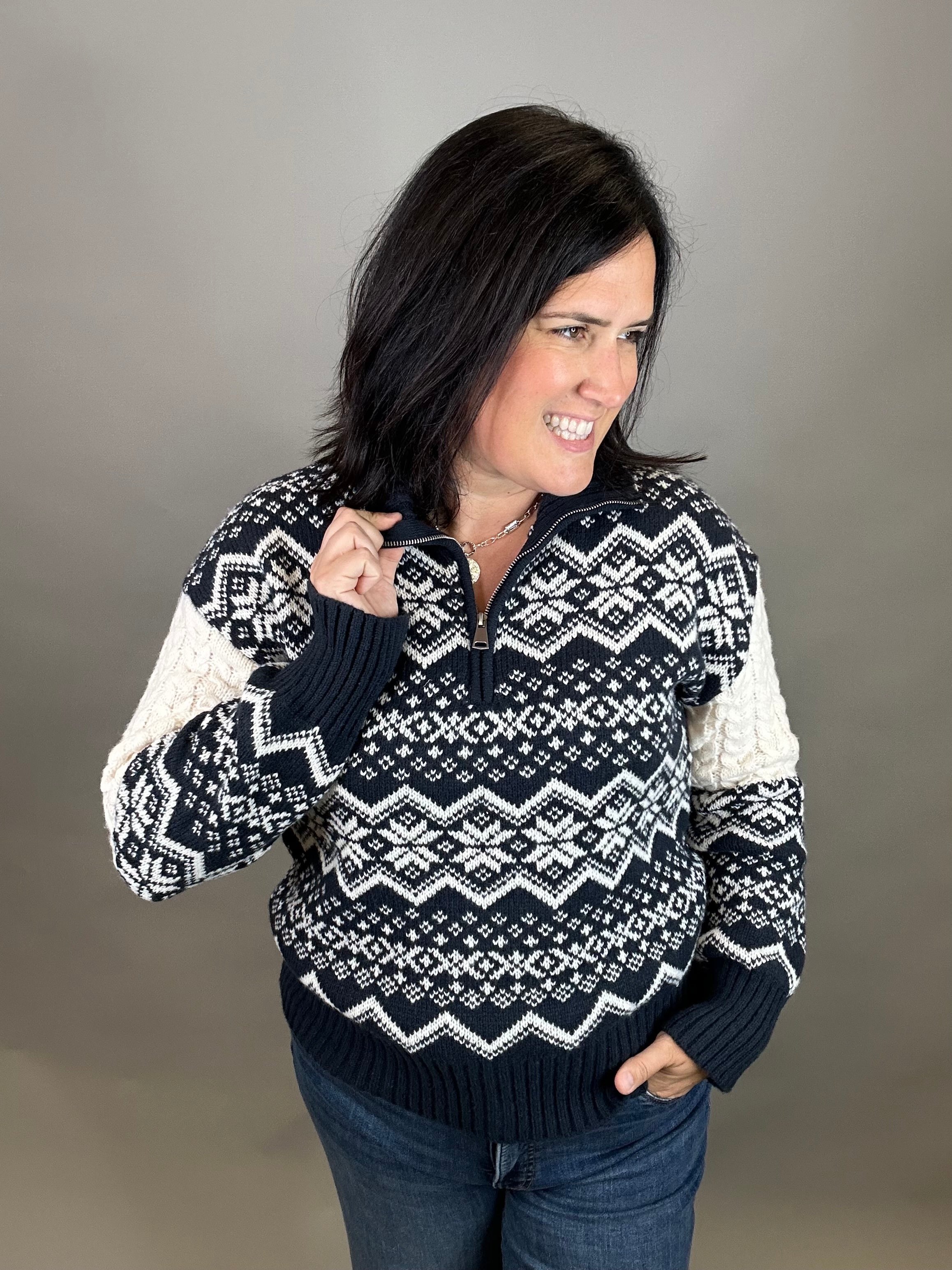 Navy Jacquard Half Zip Sweater Top - Sweater HEM & THREAD