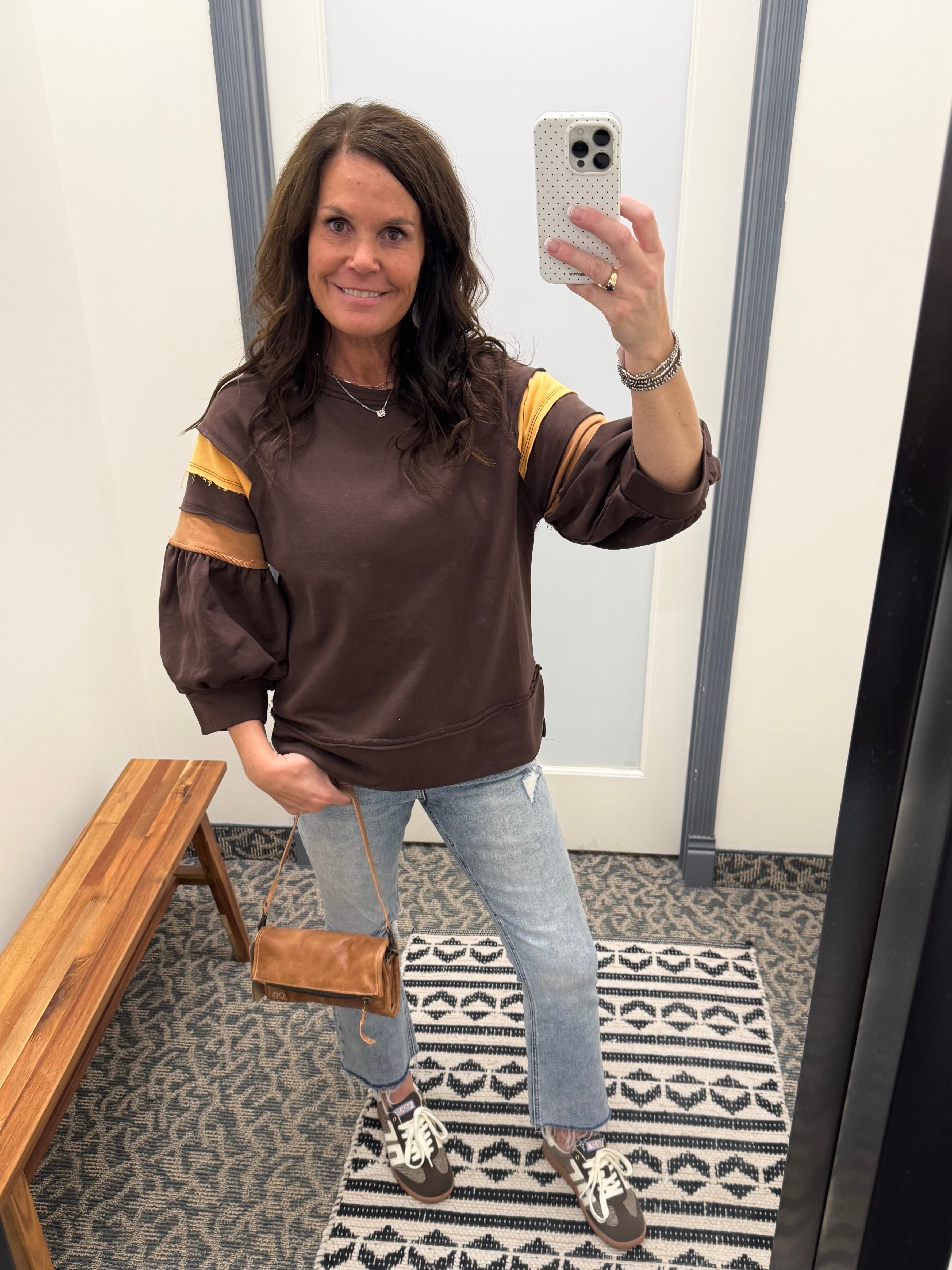 Brown Puff Striped Sleeve Top Top - Sweatshirt JODIFL