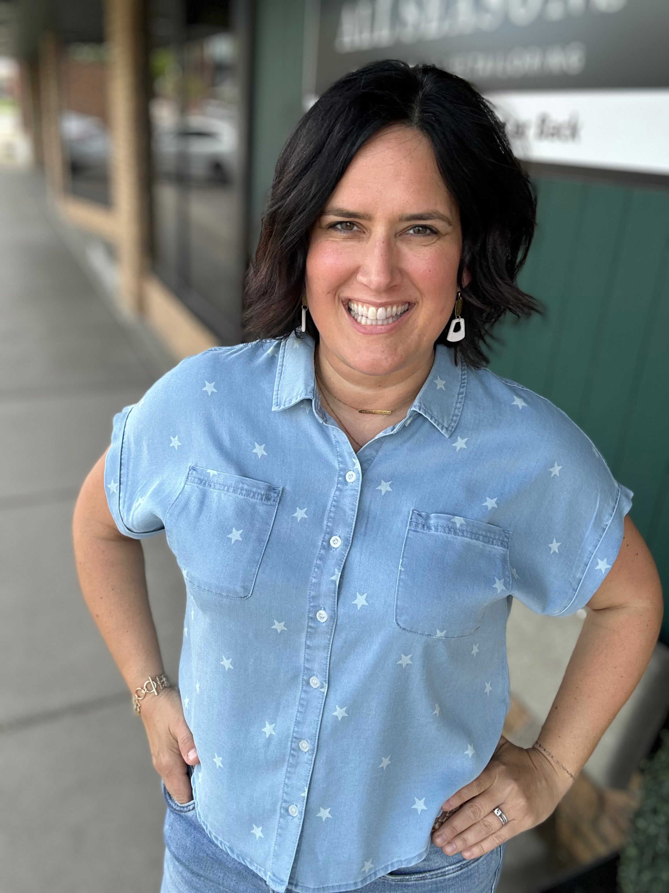 Light Denim Quincy Star Button Down Top Tops - Button Ups FLAG AND ANTHEM