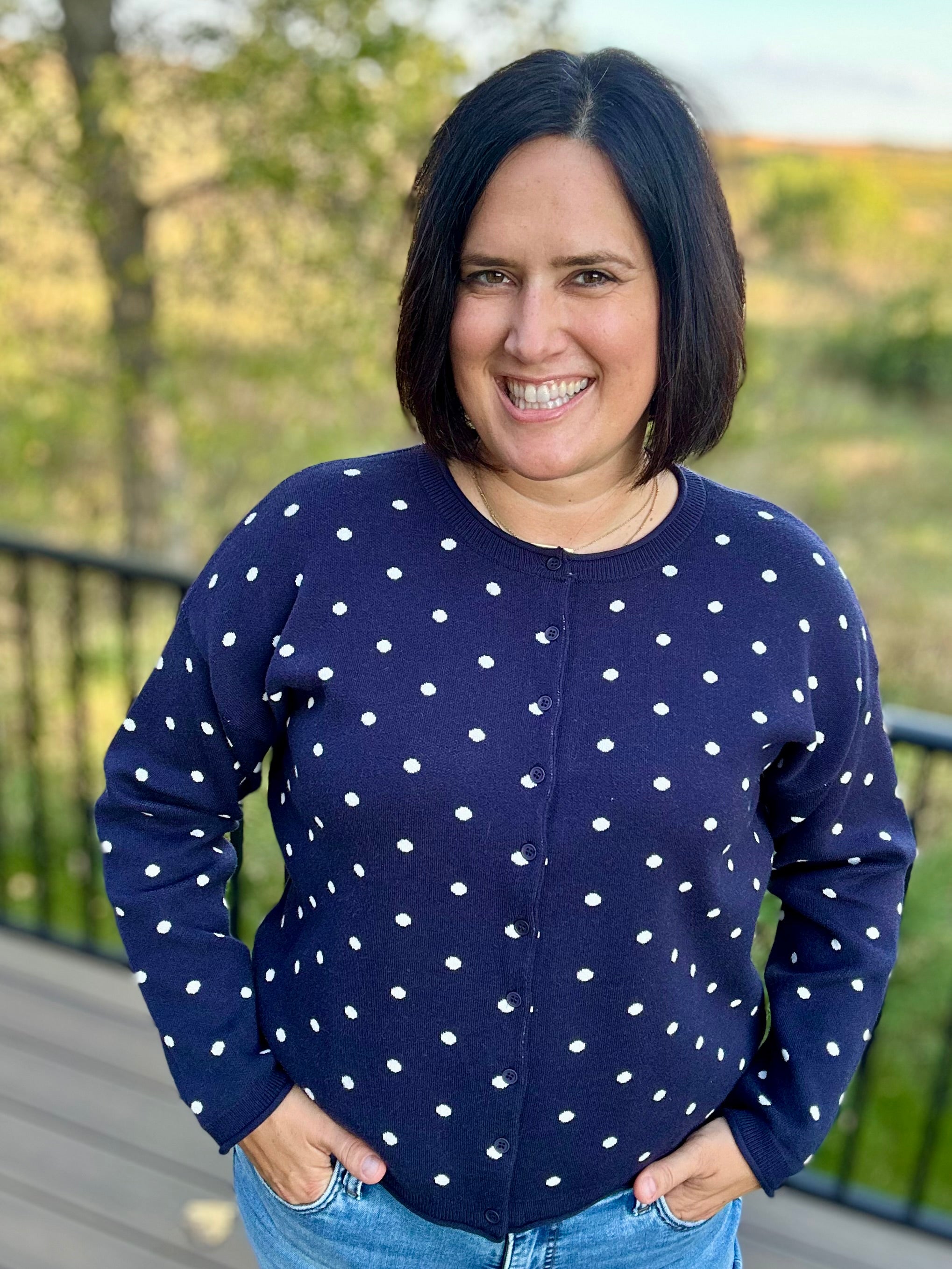 Navy Polka Dot Button Front Cardigan Tops- Cardigans Pologram