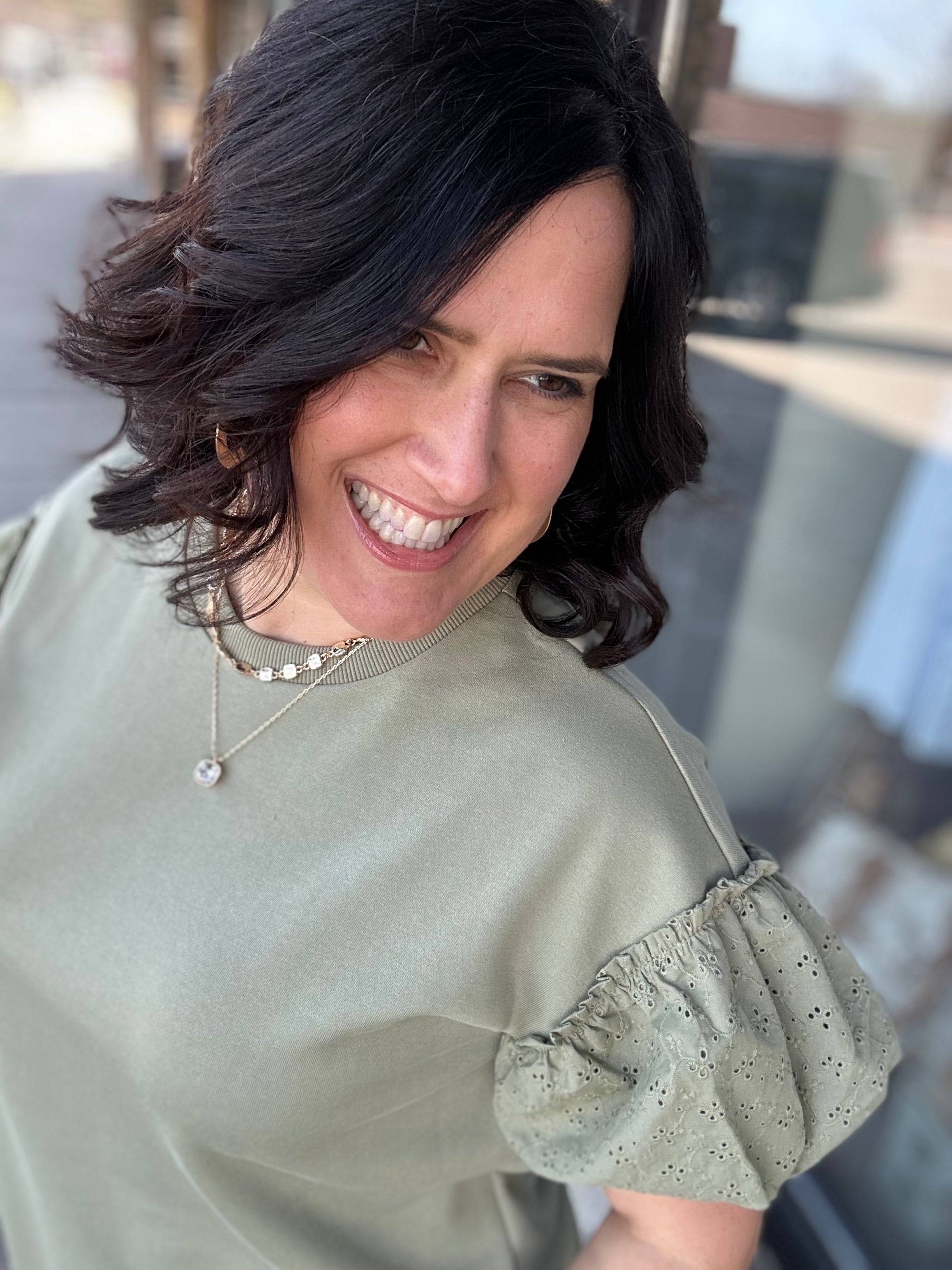 Sage Eyelet Contract Short Sleeve Sweatshirt Top - Sweatshirt DOE & RAE