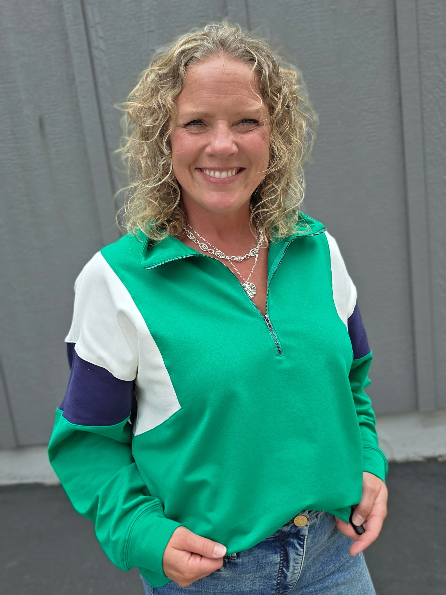 Green & Navy Combo Half Zip Oversized Sweatshirt Top - Sweatshirt WISHLIST