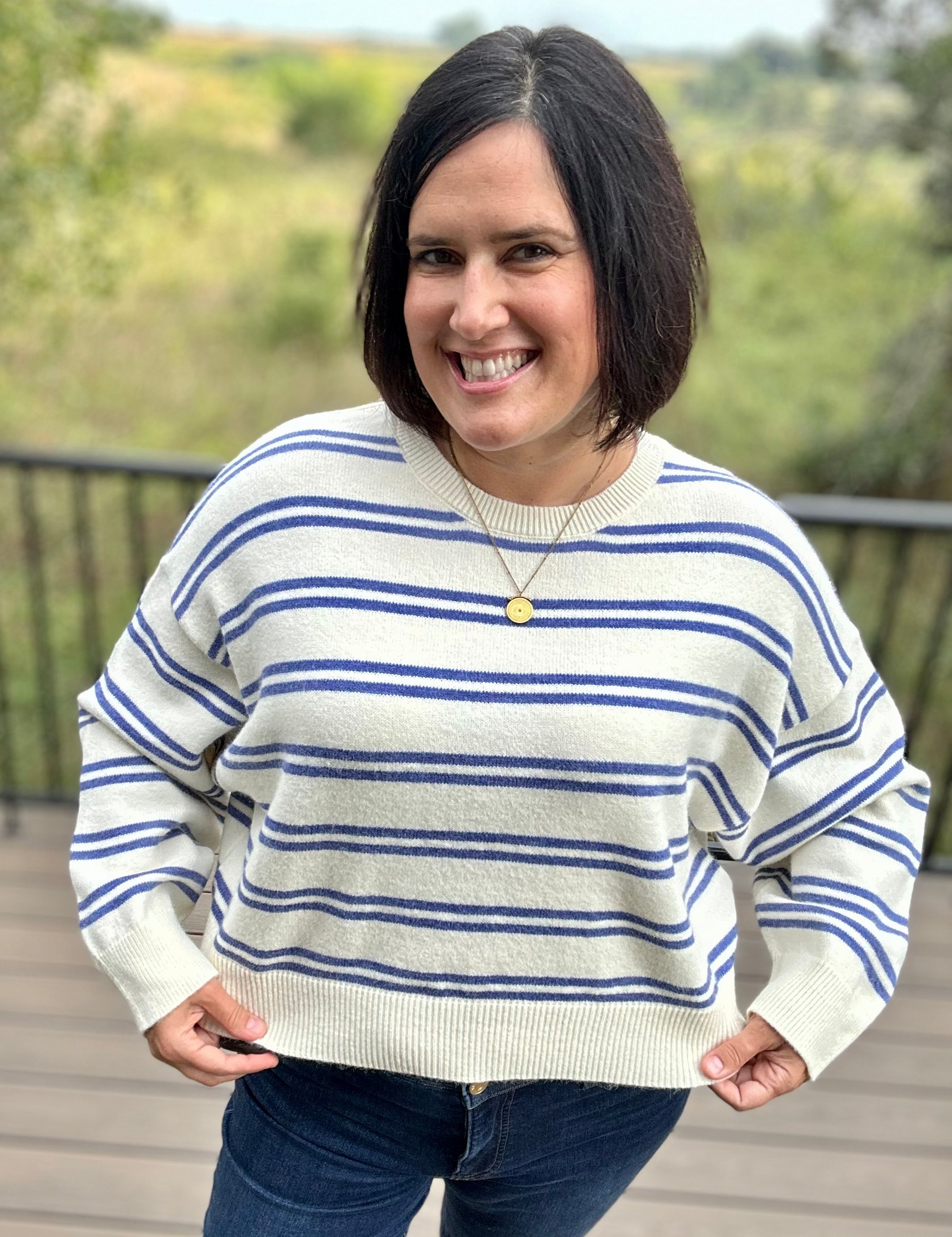 Cream Blue Stripe Oversized Sweater Top - Sweater Le Lis