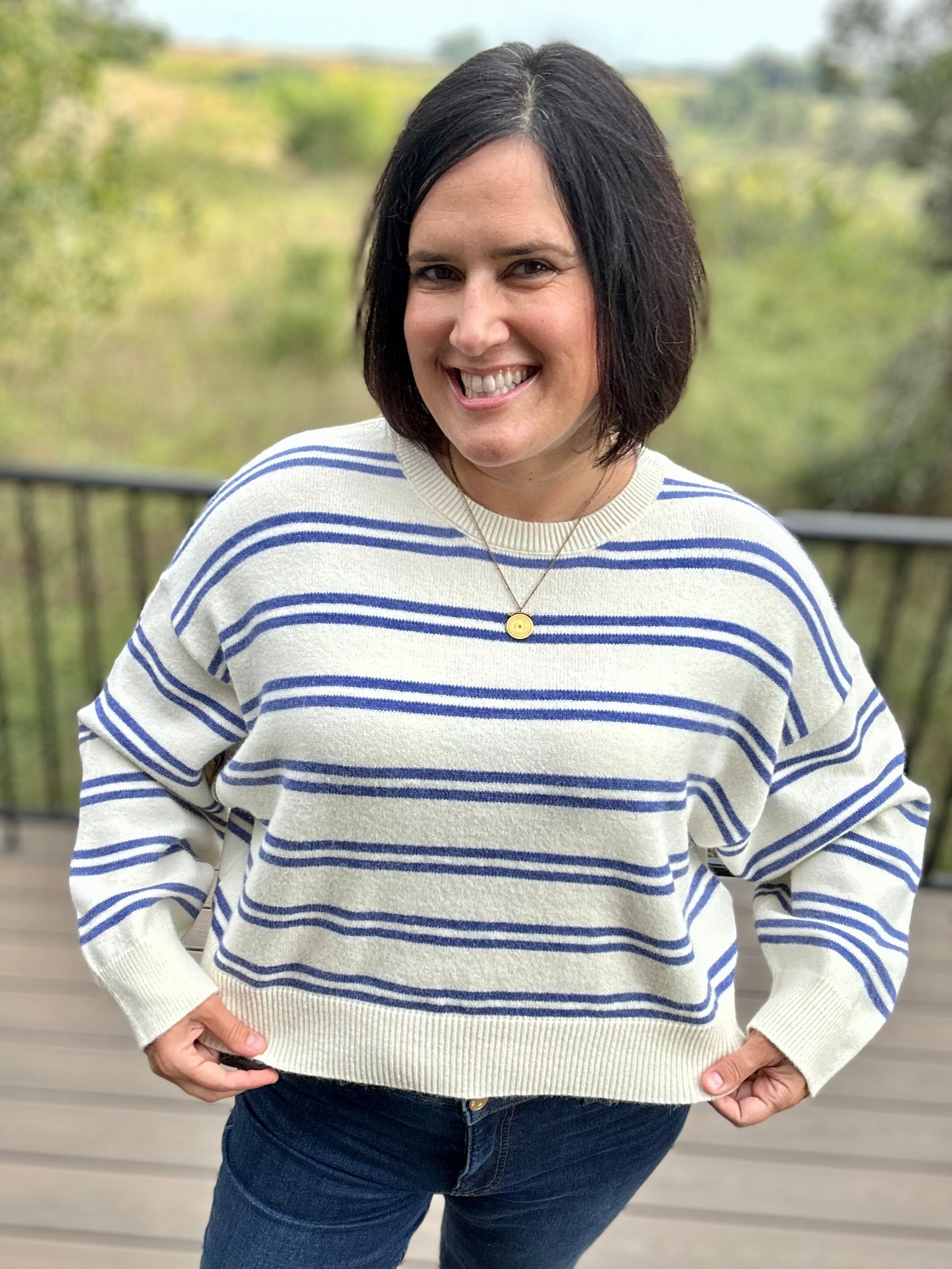 Cream Blue Stripe Oversized Sweater Top - Sweater Le Lis
