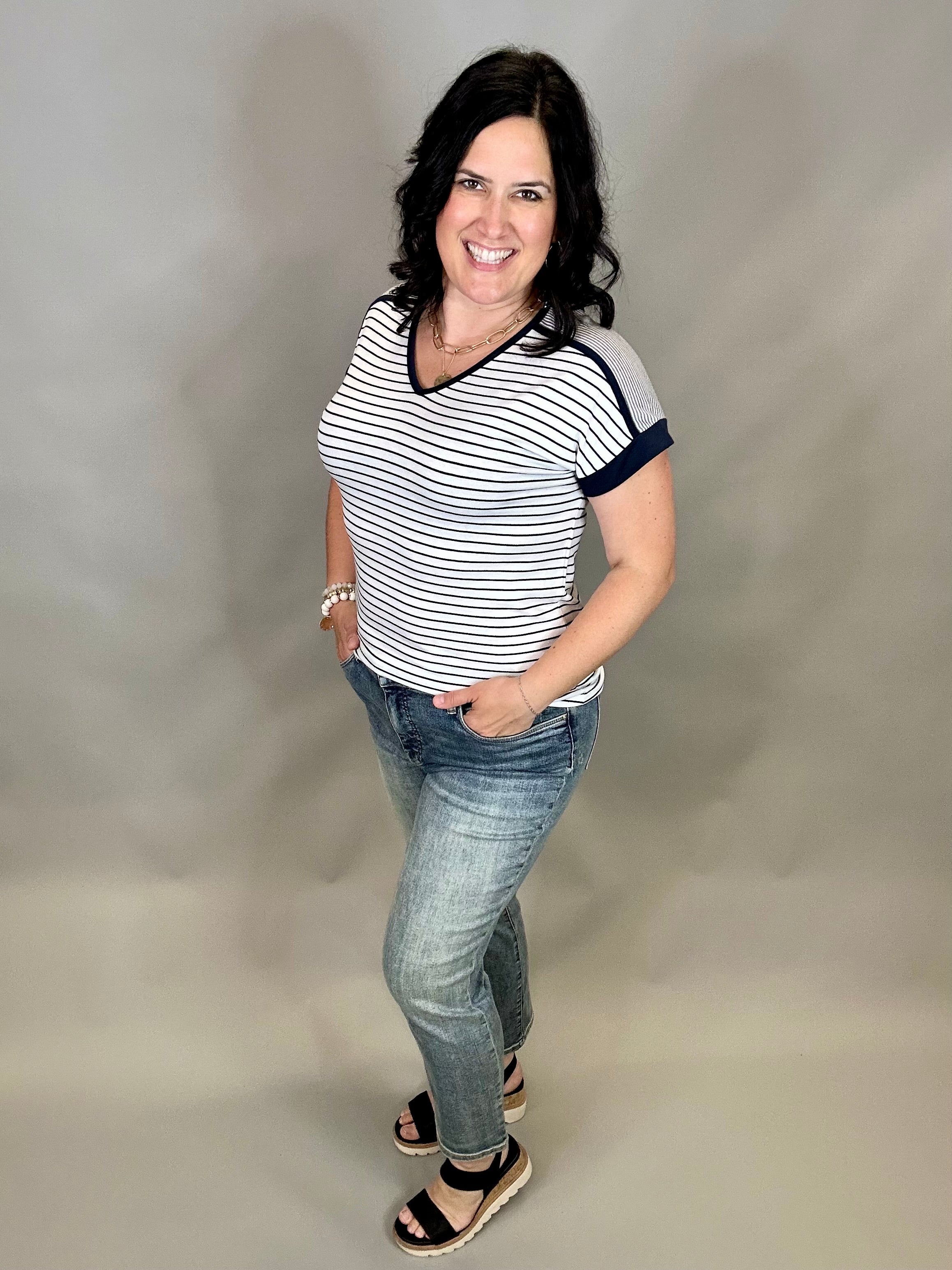 Ivory/Black Navy Terry Striped Top Top - Tee STACCATO